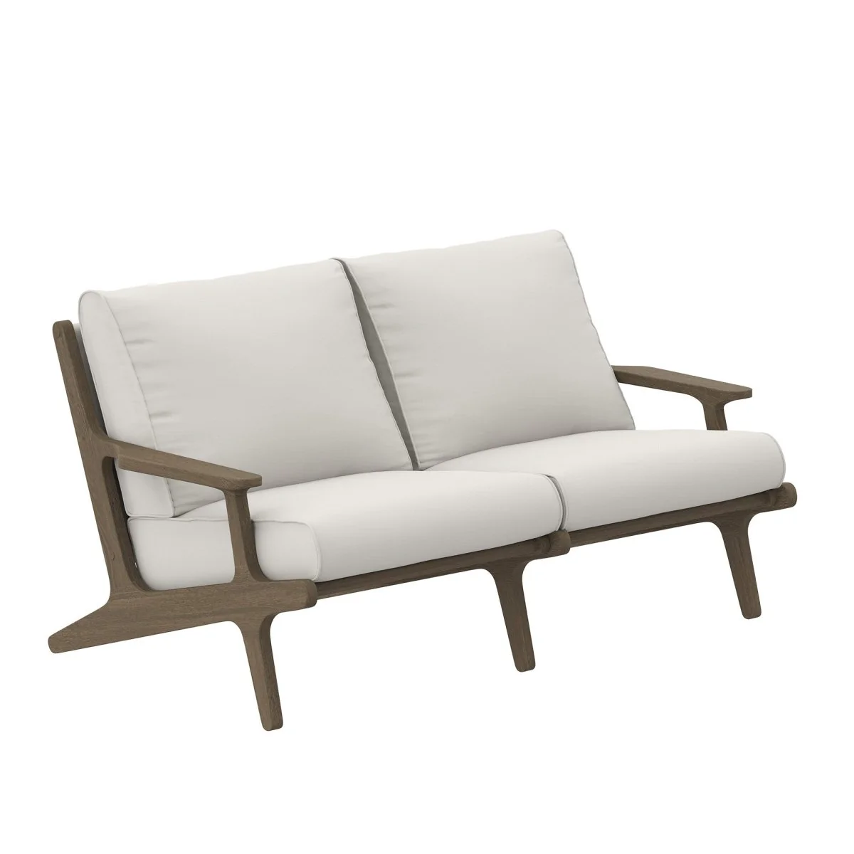 61" Weathered Gray Teak Outdoor Patio Loveseat – White Cushions
