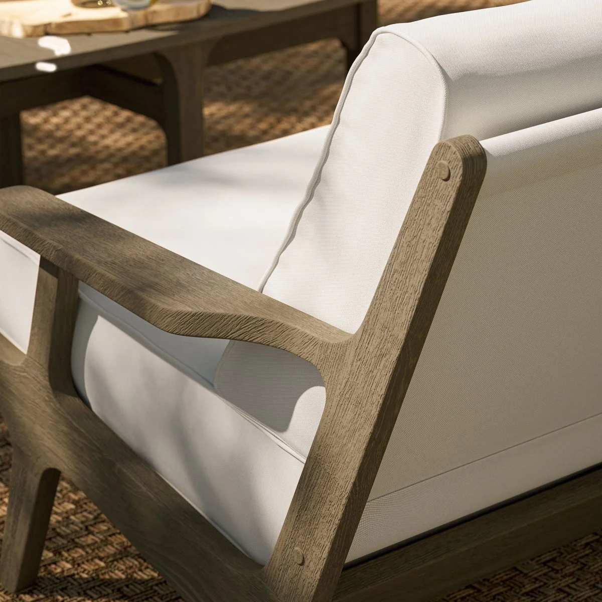 61" Weathered Gray Teak Outdoor Patio Loveseat – White Cushions - Image 4