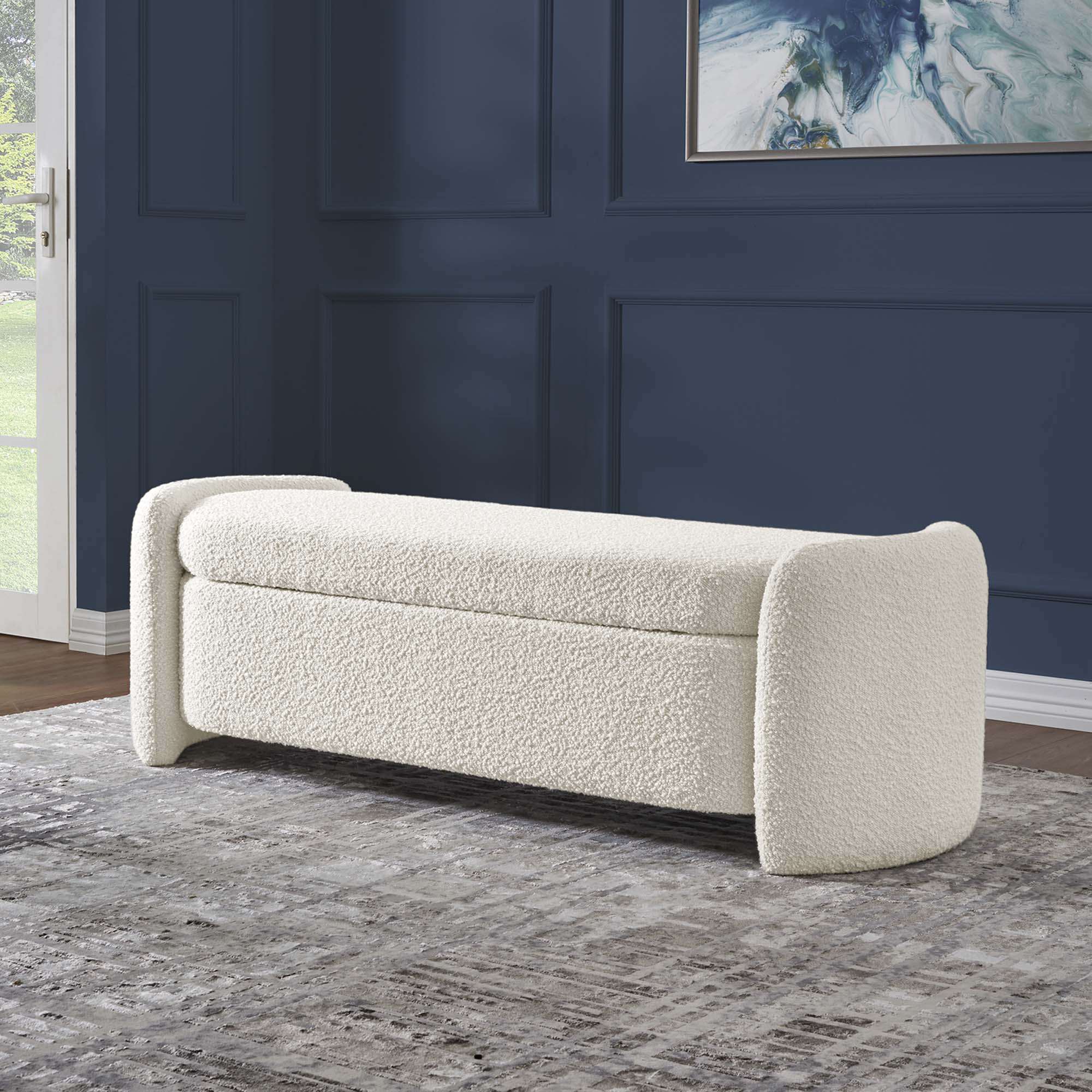 62 Inch Boucle Upholstered Storage Bench with 80-Degree Hinged Seat in Ivory - Image 6