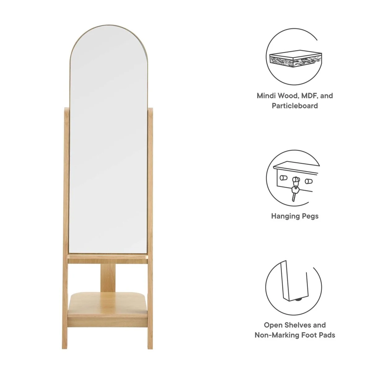 63" Arched Full-Length Standing Mirror with Built-In Shelves, Freestanding Design - Image 24