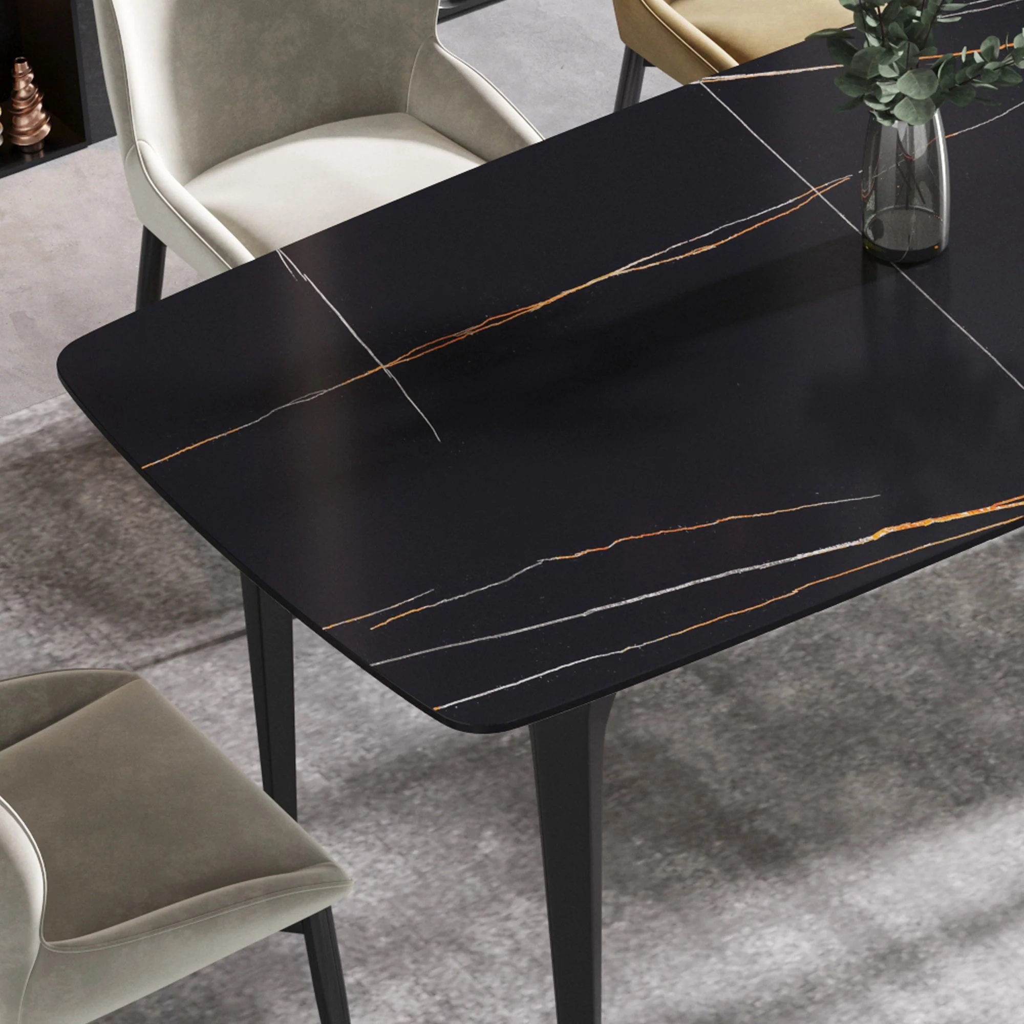 63" Artificial Stone Black Curved Black Metal Leg Dining Table, 6 People - Black - Image 6