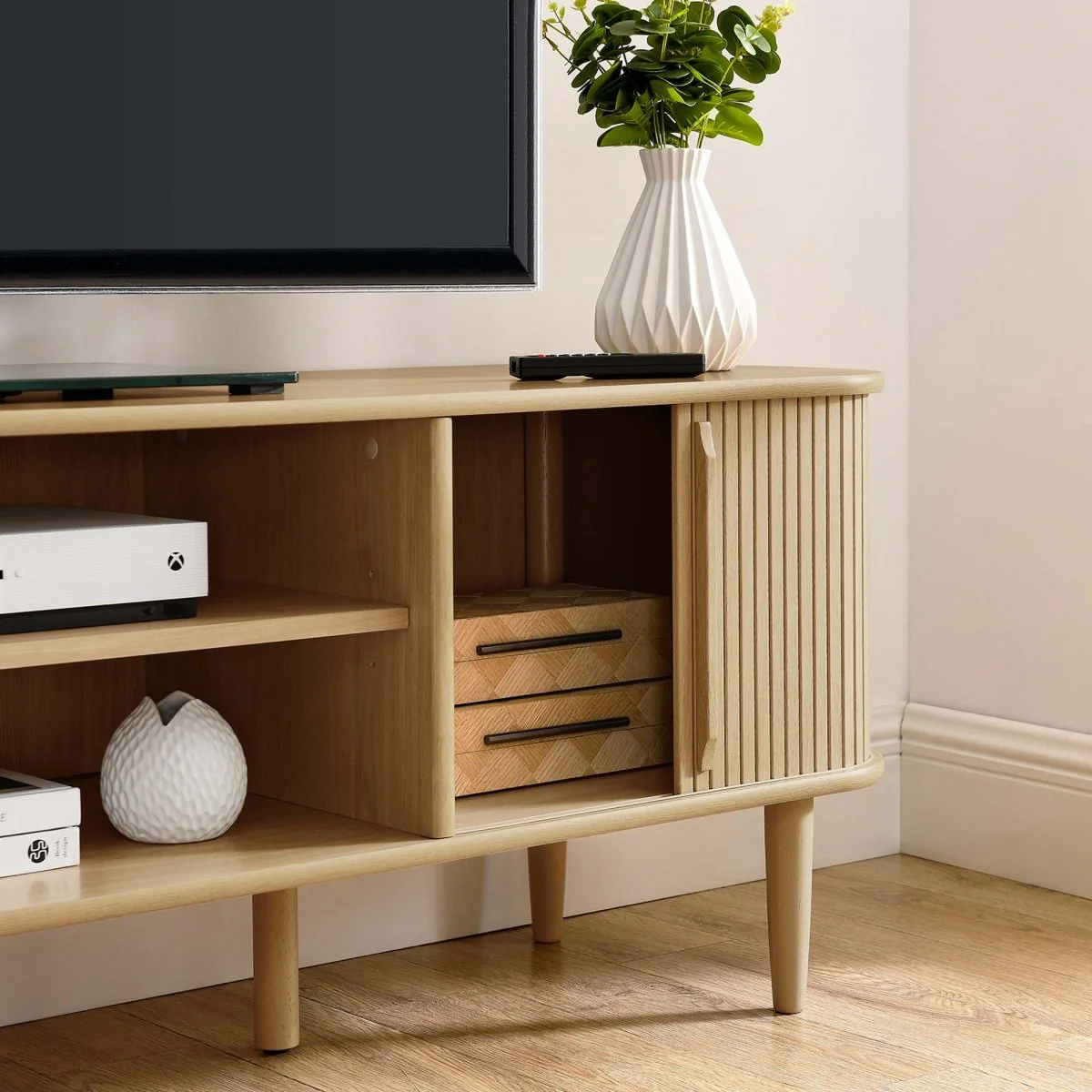 63 Inch Mid-Century Curved Beadboard TV Stand - Image 11