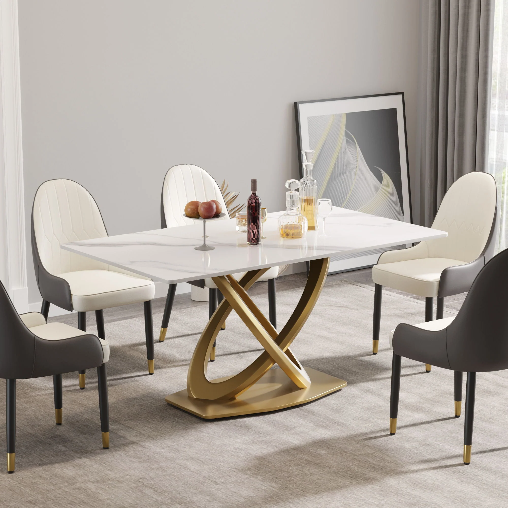 63" Modern Artificial Stone Panel Double-Ring Stainless Steel Metal Legs, Can Accommodate 6-8 People - White / Gold - Image 5
