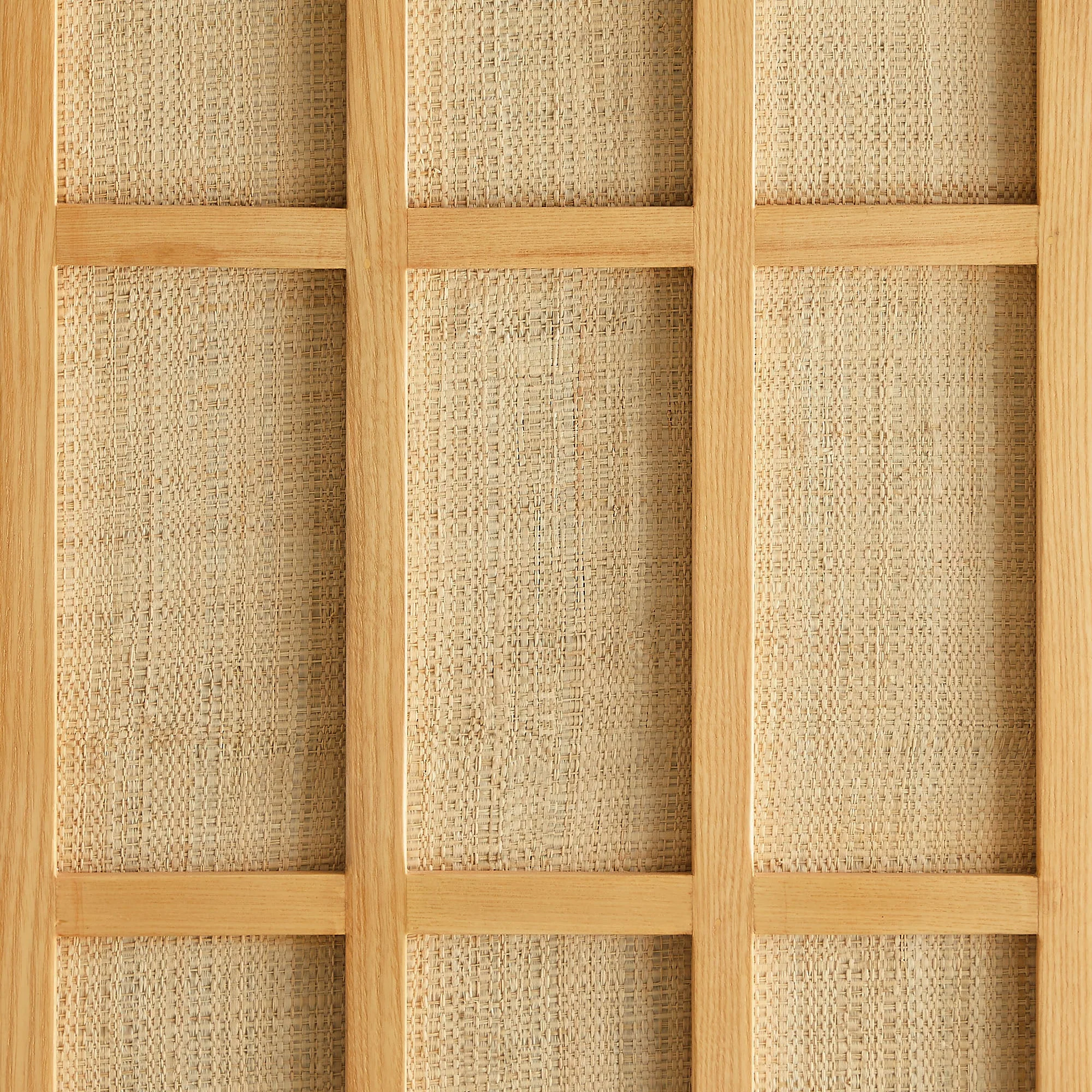 64 Inch Tall Japandi Storage Cabinet with Woven Geometric Doors in Light Oak - Image 6