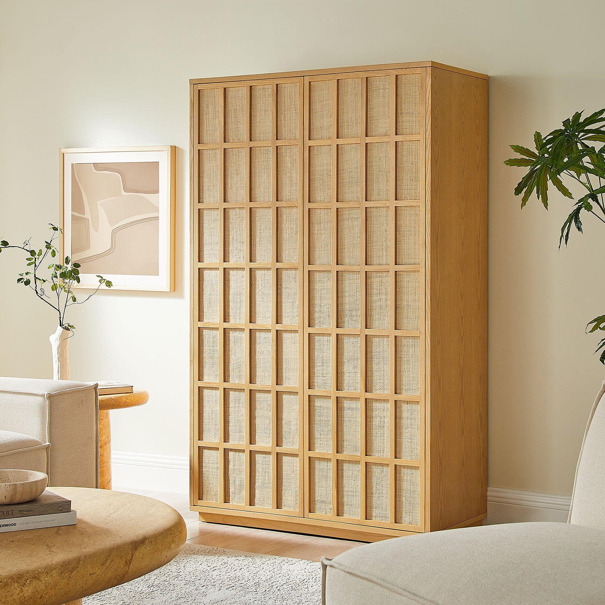 64 Inch Tall Japandi Storage Cabinet with Woven Geometric Doors in Light Oak - Image 7