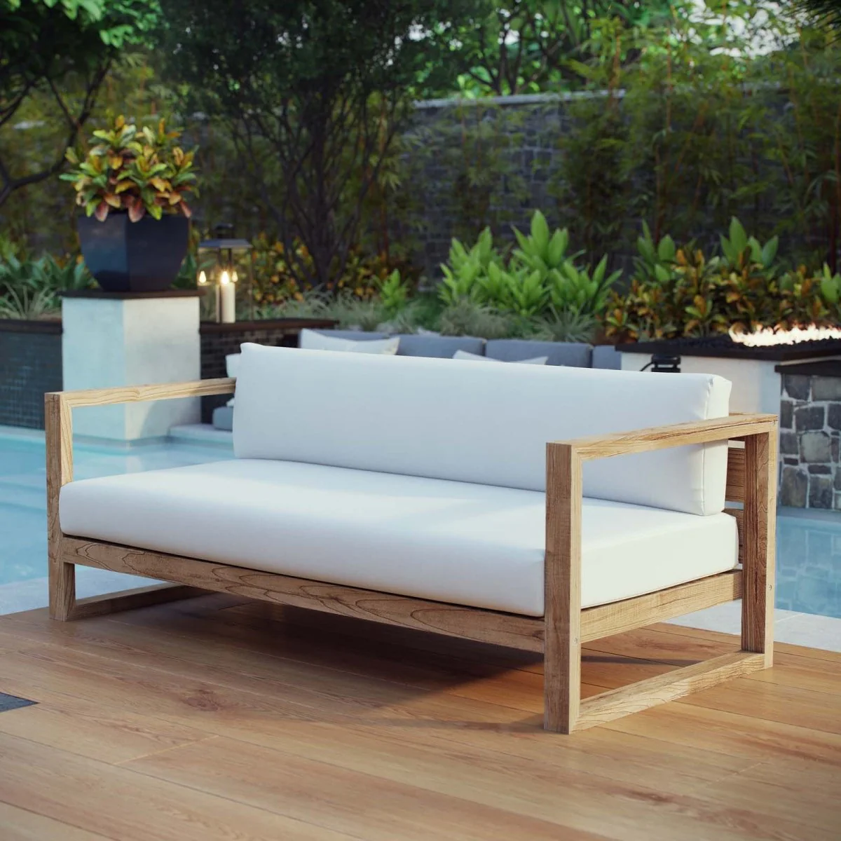 64" Modern Teak Wood Outdoor Sofa – Natural White - Image 4