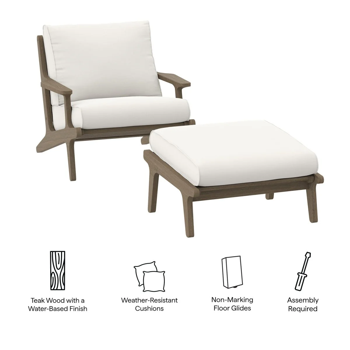 64" Weathered Gray Teak Wood Outdoor Chair and Ottoman Set – White - Image 2