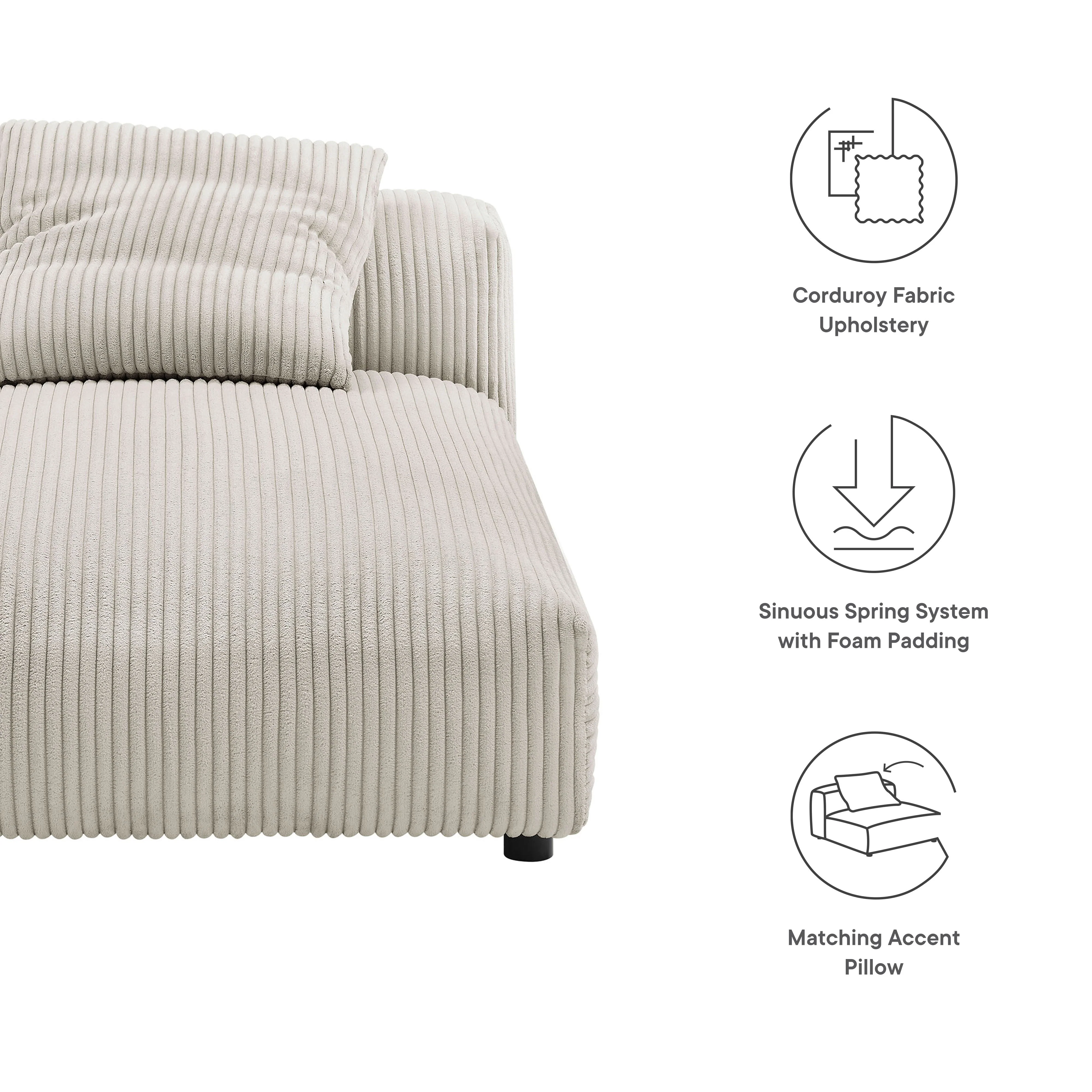 66 Inch Modular Corduroy Upholstered Armless Chaise Lounge with Accent Pillow - Image 2