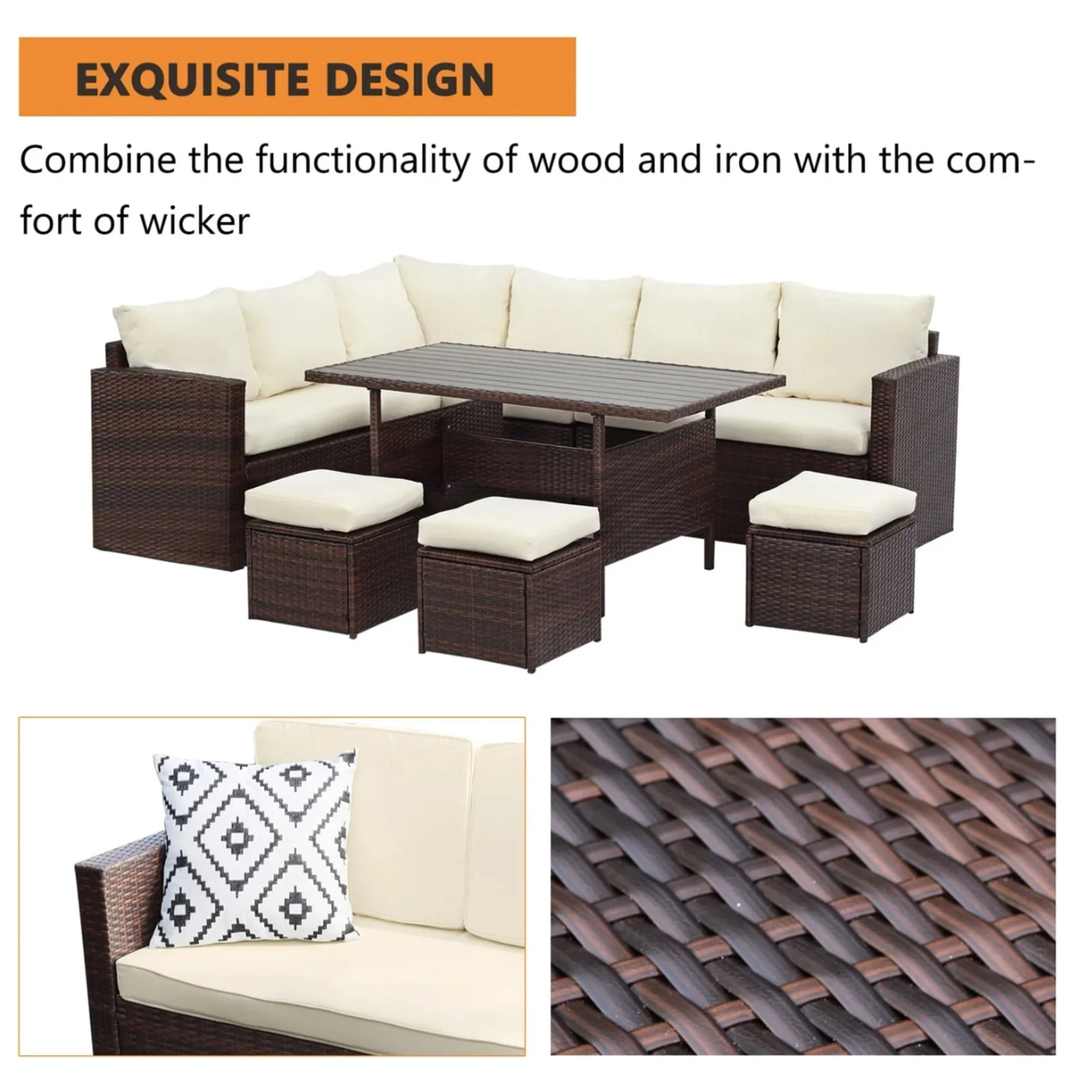 7 Piece Outdoor Dining Set With Cushions, Modular Sectional Sofa And Table - Image 17