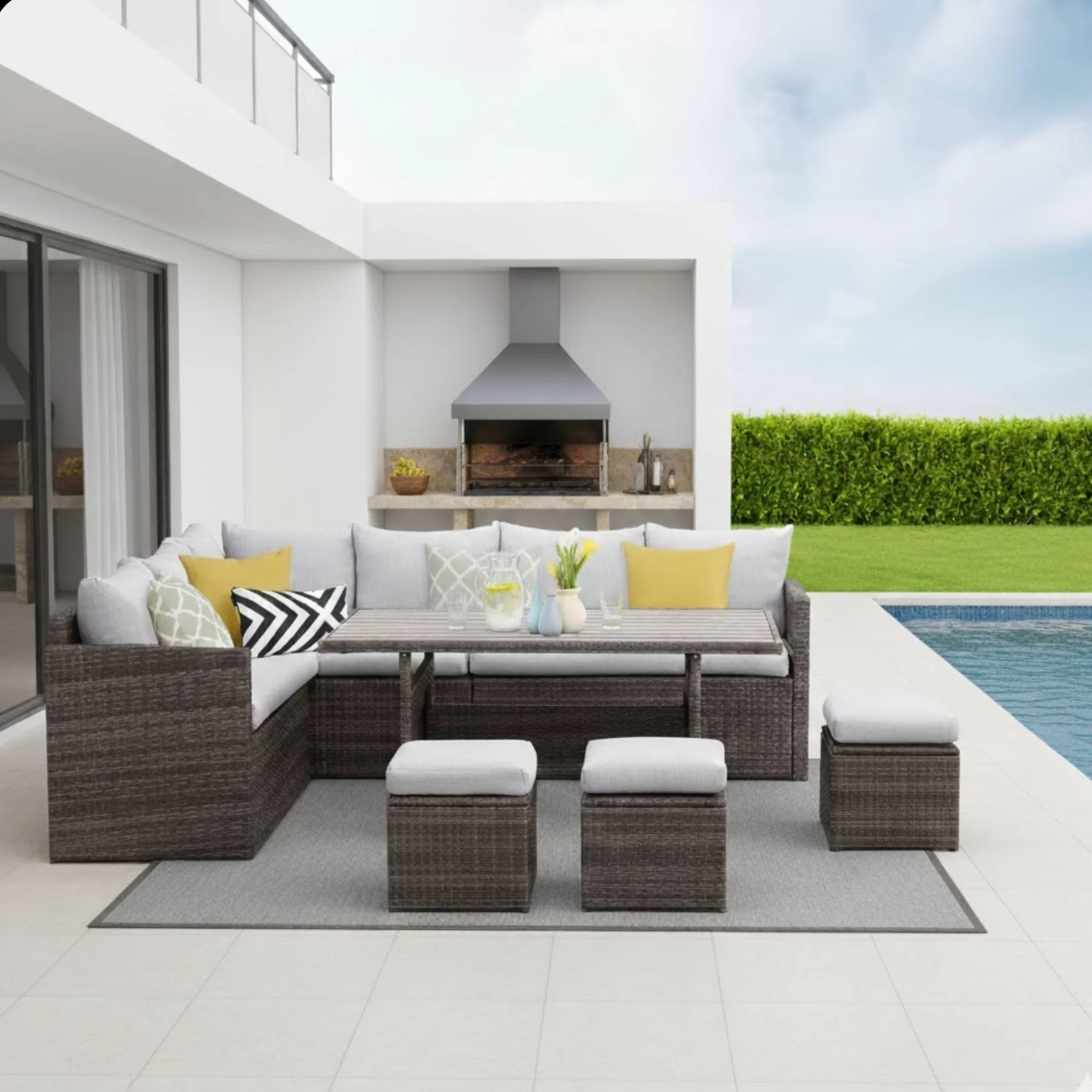 7 Piece Outdoor Dining Set With Cushions, Modular Sectional Sofa And Table - Image 8