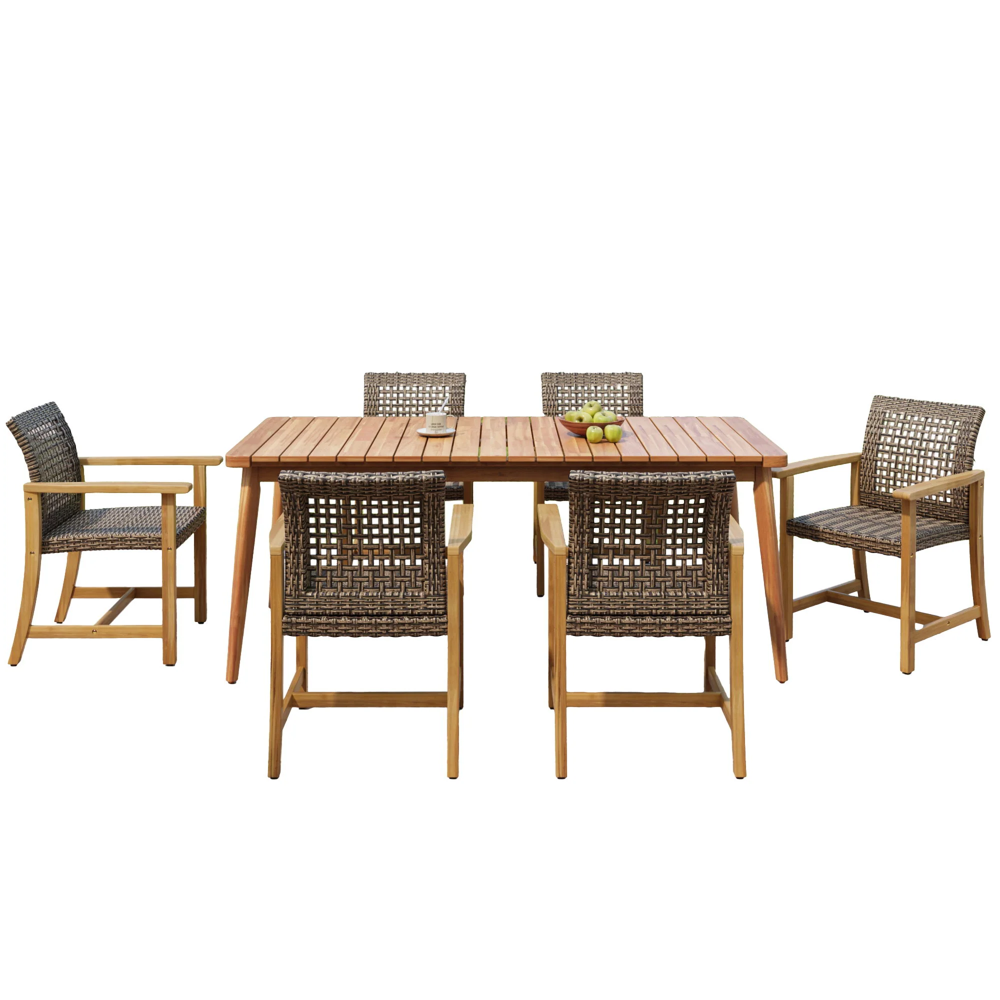7 Piece Patio Dining Set, Slatted Table & 6 Chairs For Patio Garden - Mocha / Teak - Image 5