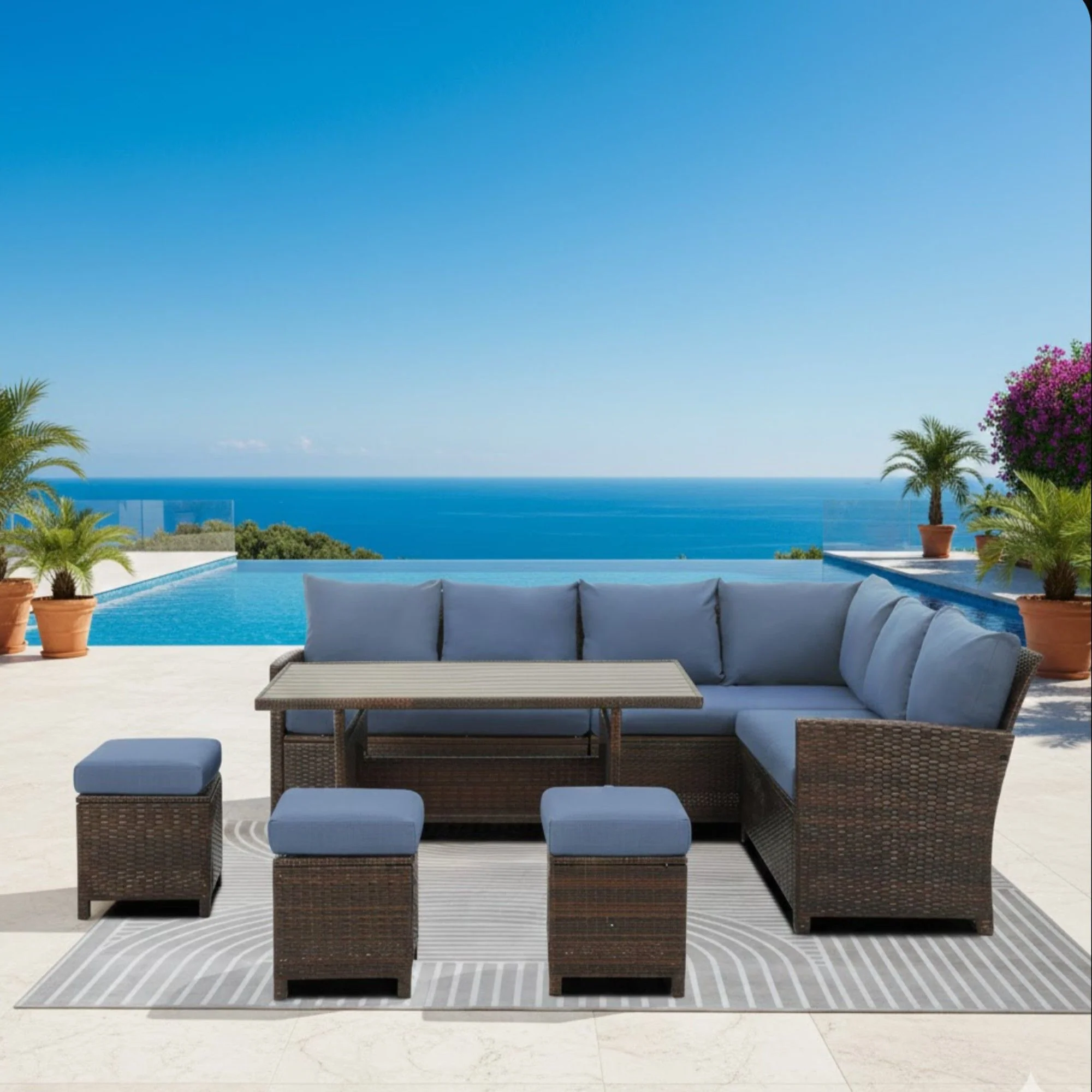 7 Piece Patio Dining Set With Cushions, Modular Sectional Sofa & Storage Table - Image 13