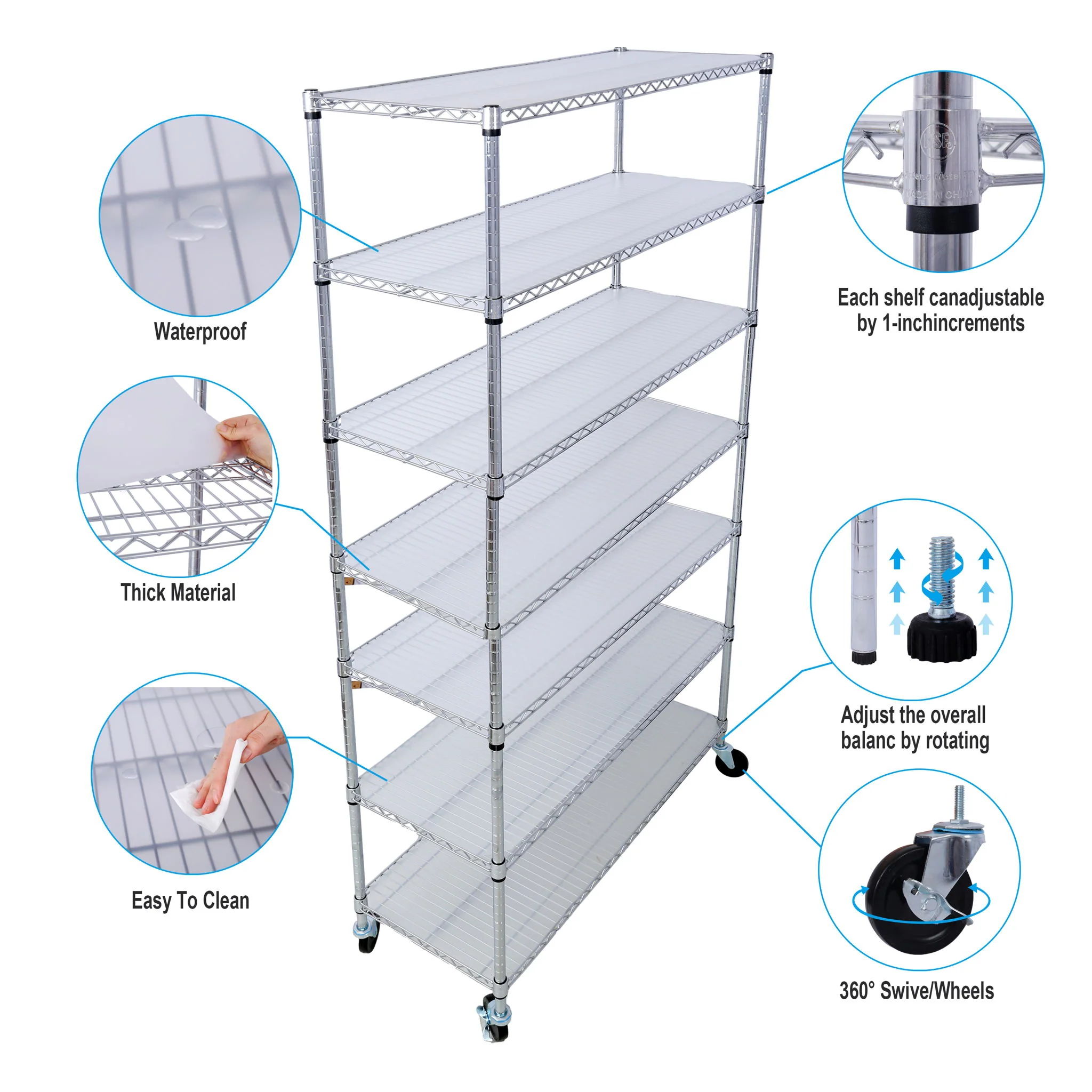 7 Tier Metal Shelf Wire Shelving Unit, 2450Lbs Heavy Duty Adjustable Storage Rack With Wheels & Shelf Liners For Closet Kitchen Garage Basement Commercial Shelving - Image 7