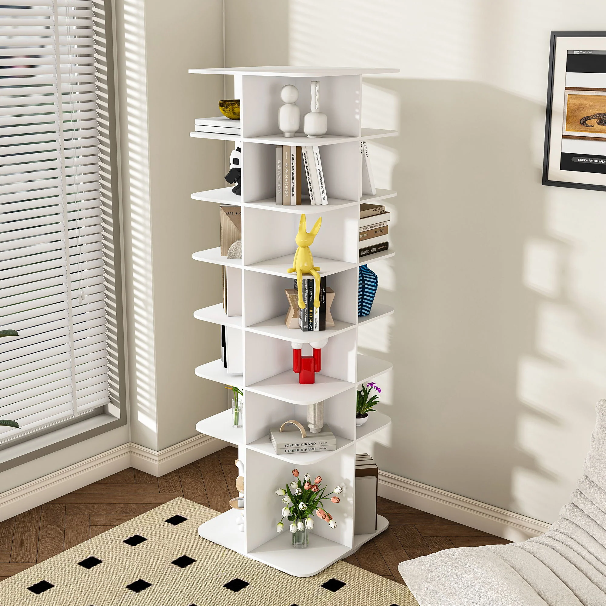 7 Tier Square Rotating Shoe Rack Tower With 360° Spinning Organizer - White - Image 7