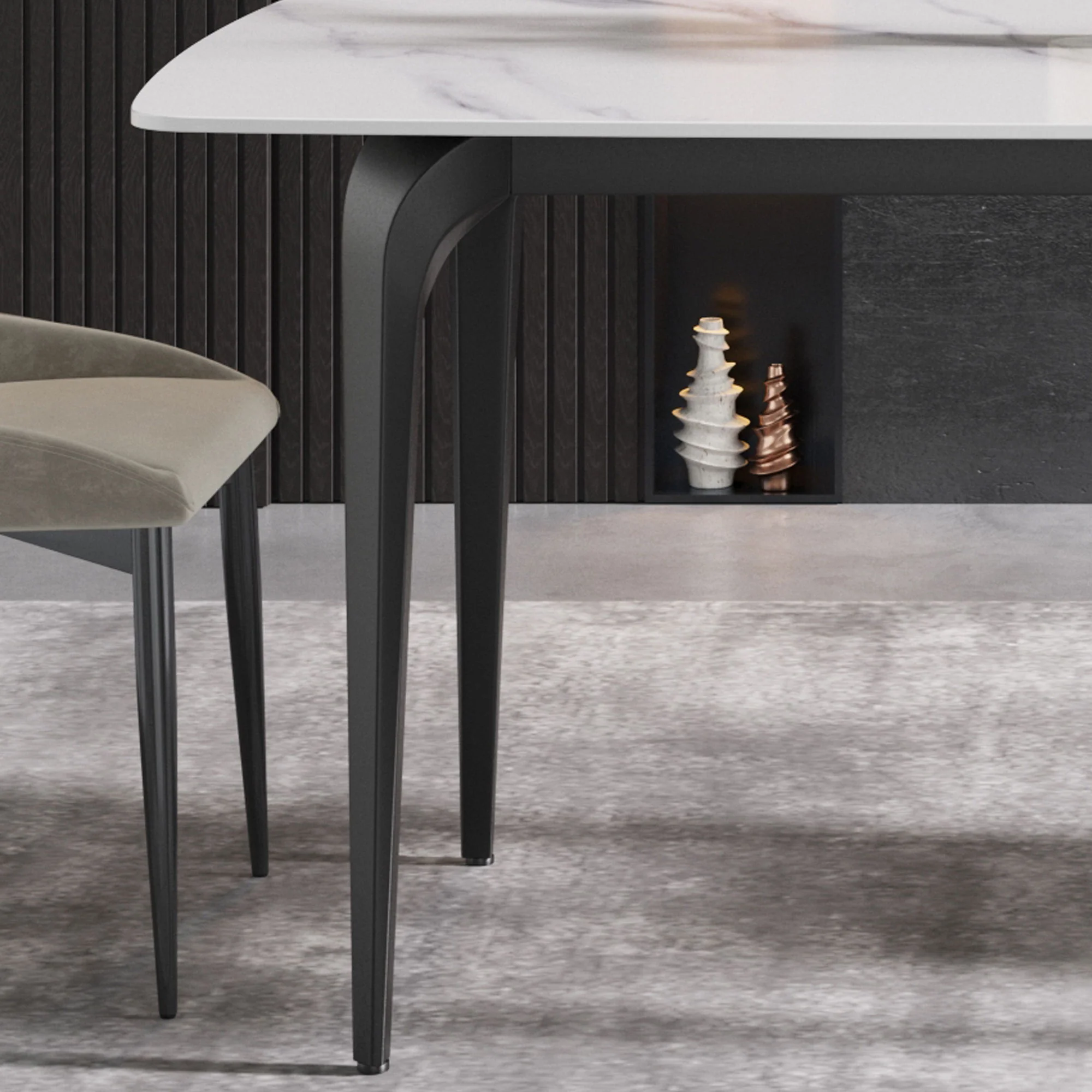 70.87" Modern Artificial Stone Curved Black Metal Leg Dining Table, Can Accommodate 6-8 People - White / Black - Image 6