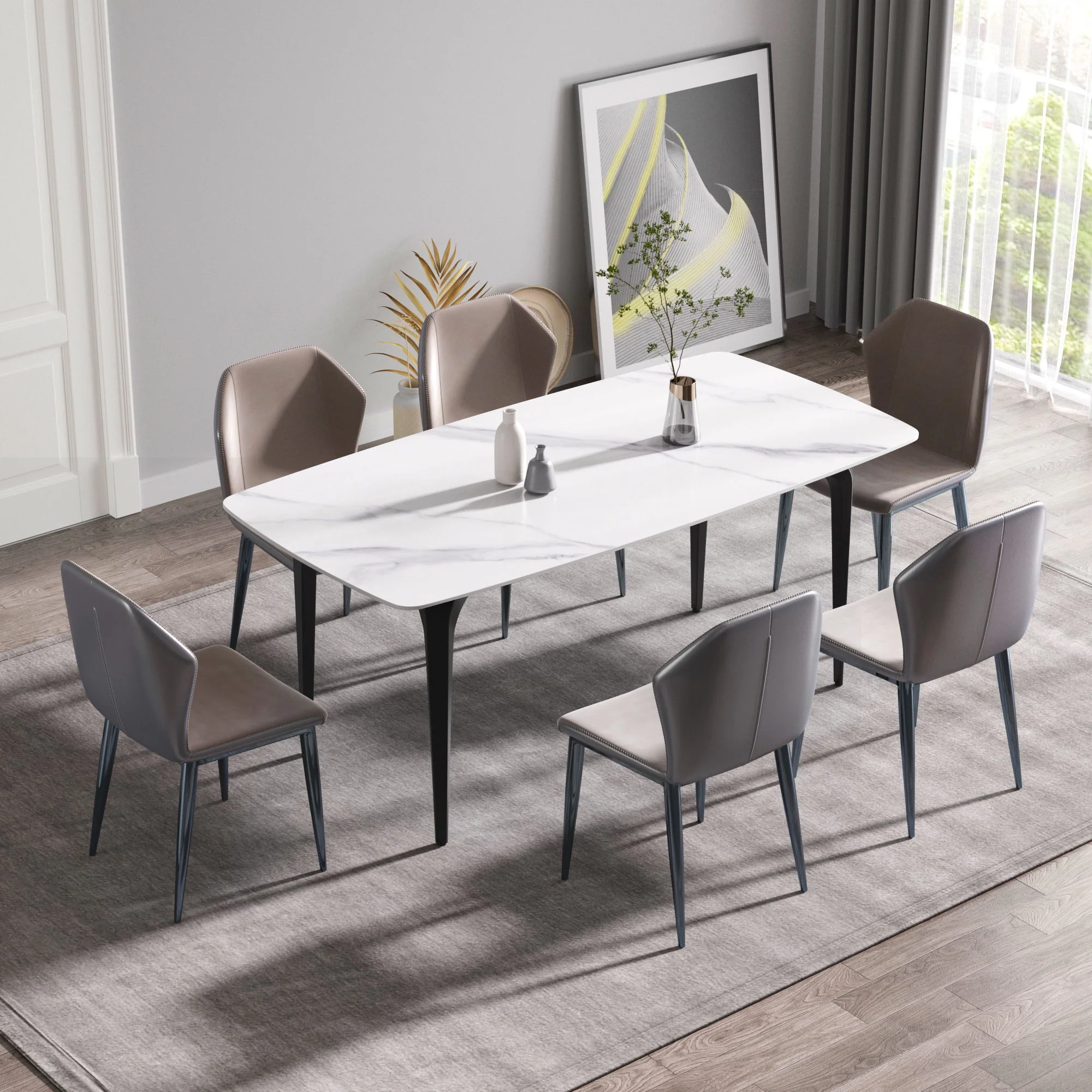 70.87" Modern Artificial Stone Curved Black Metal Leg Dining Table, Can Accommodate 6-8 People - White / Black - Image 8