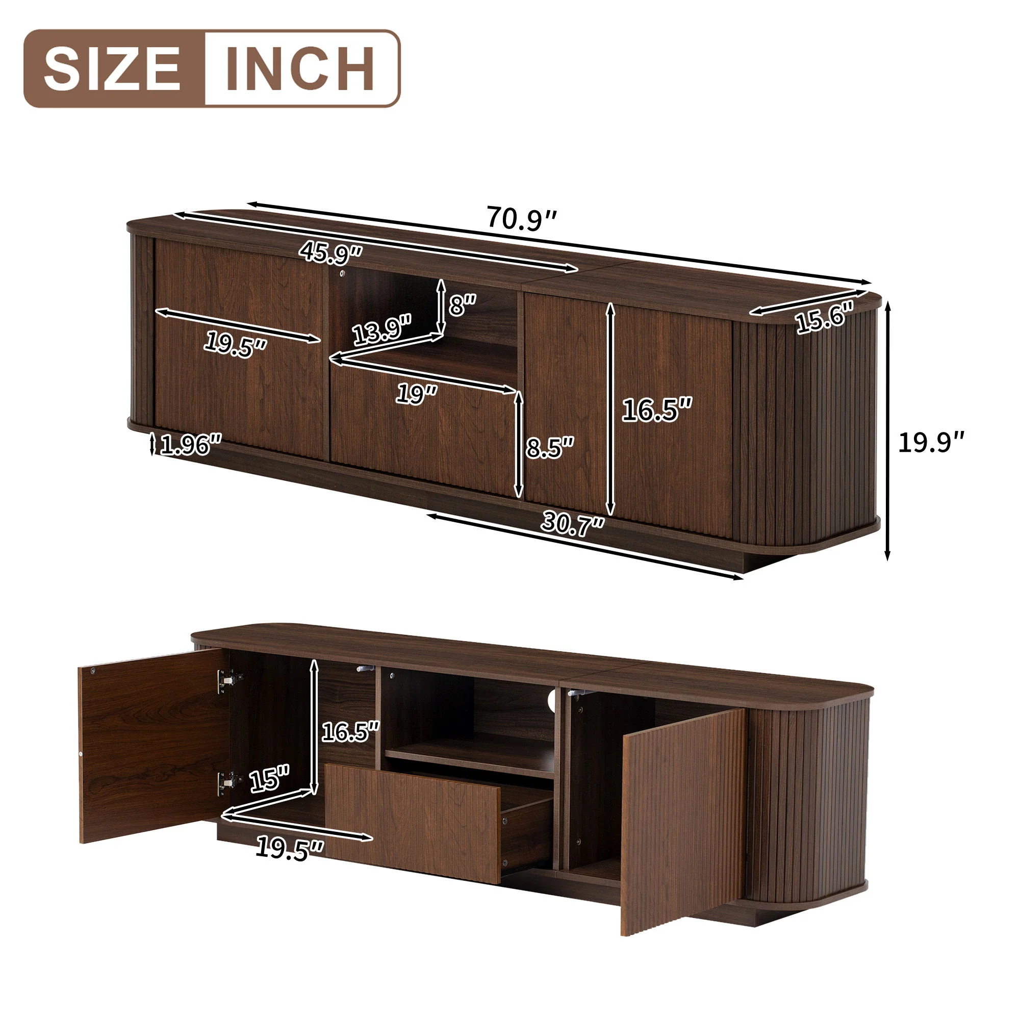 70" TV Stand With Ample Storage, Curved Corners - Dark Brown - Image 4