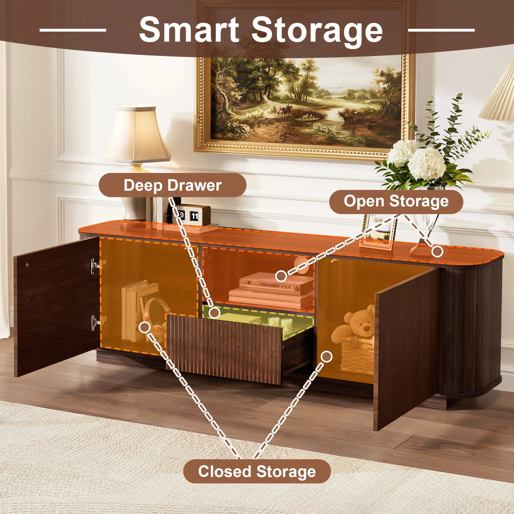 70" TV Stand With Ample Storage, Curved Corners - Dark Brown - Image 8