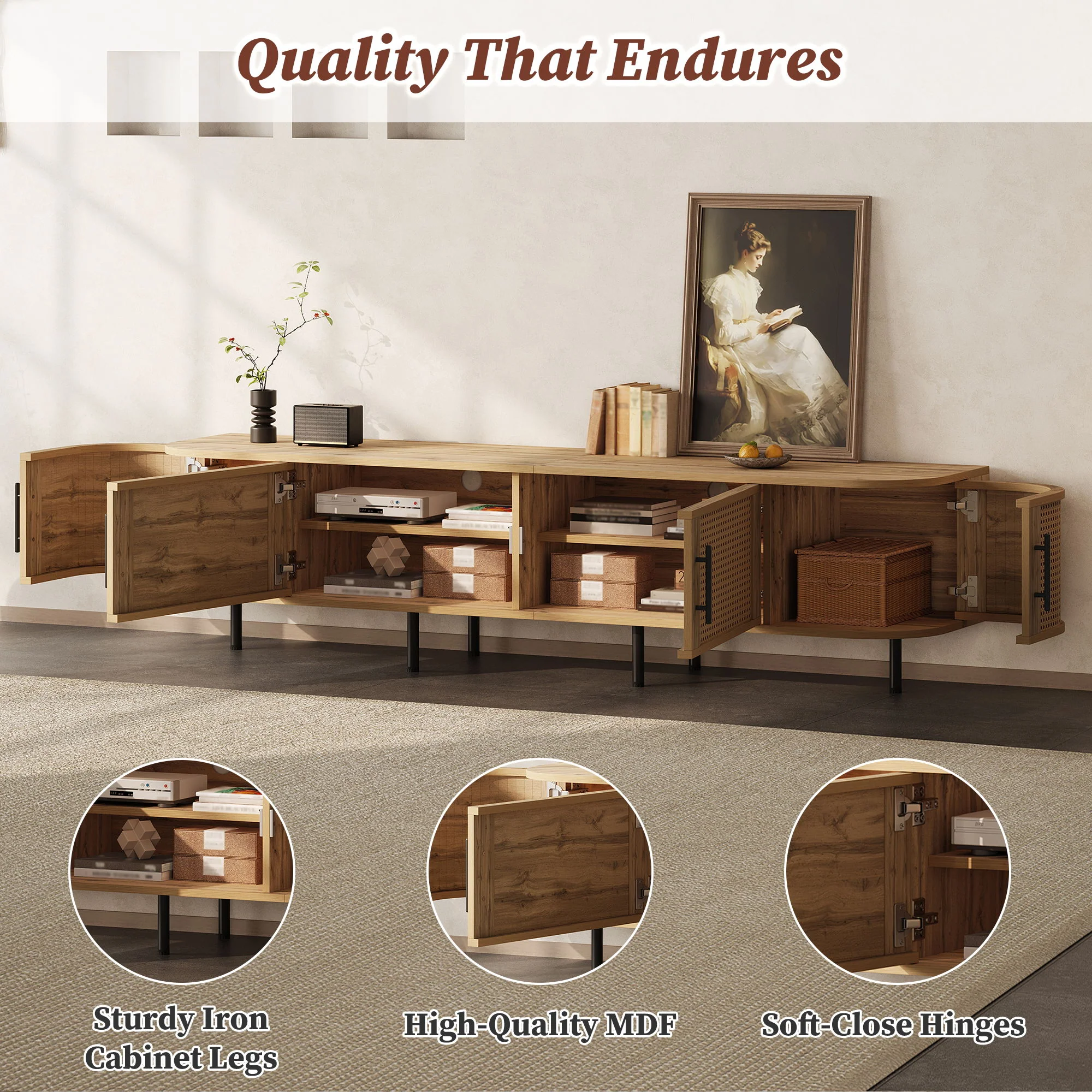 70" TV Stand With Doors, Construction For TVs Up To 80" - Natural Wood - Image 4
