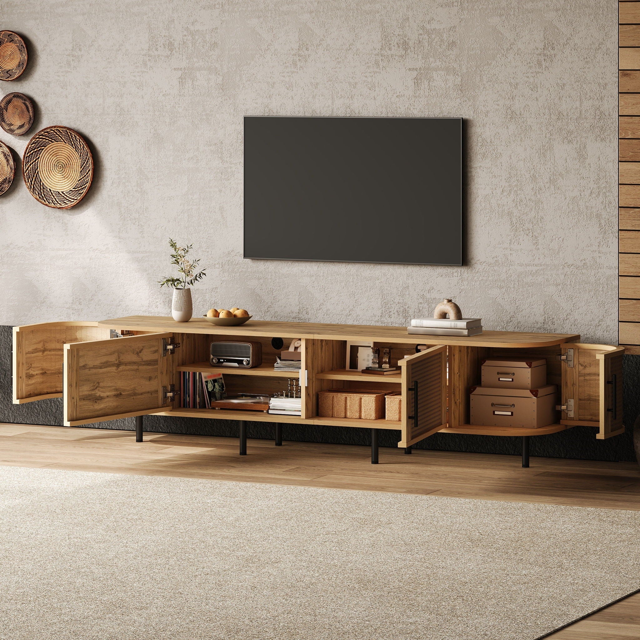 70" TV Stand With Doors, Construction For TVs Up To 80" - Natural Wood - Image 8