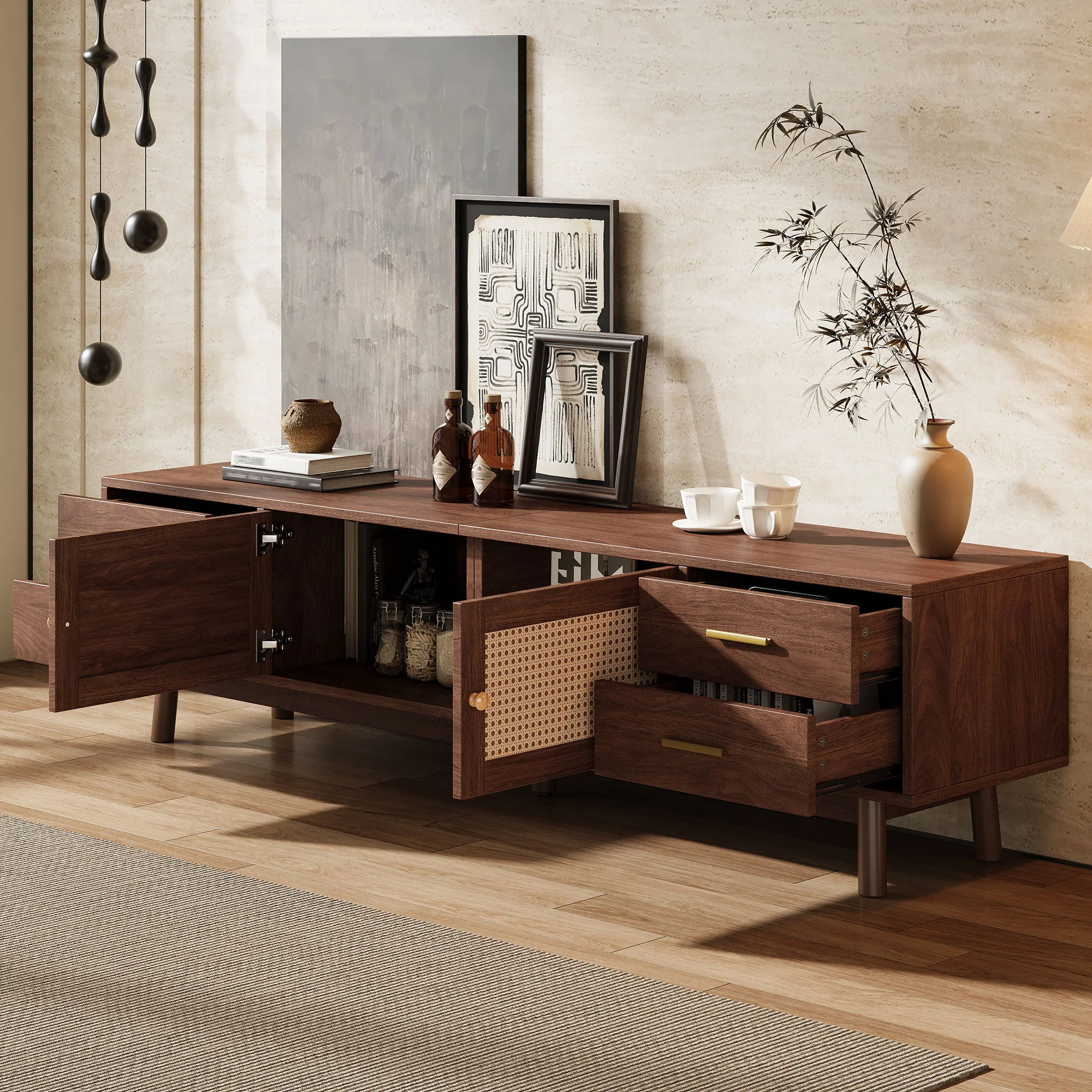 70" TV Stand With Doors For TVs Up To 80", Media Console With 4 Drawers & Cable Holes - Dark Brown - Image 5