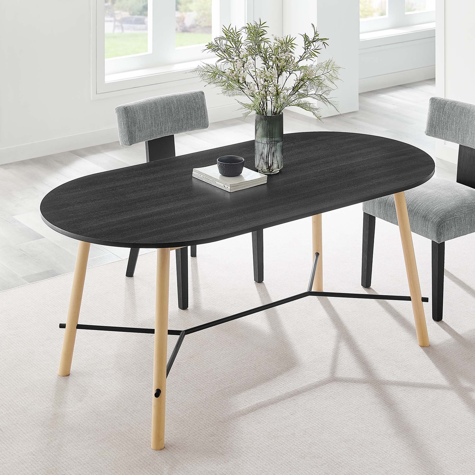 71 Inch Black Oak Oval Wood Grain Dining Table - Image 2