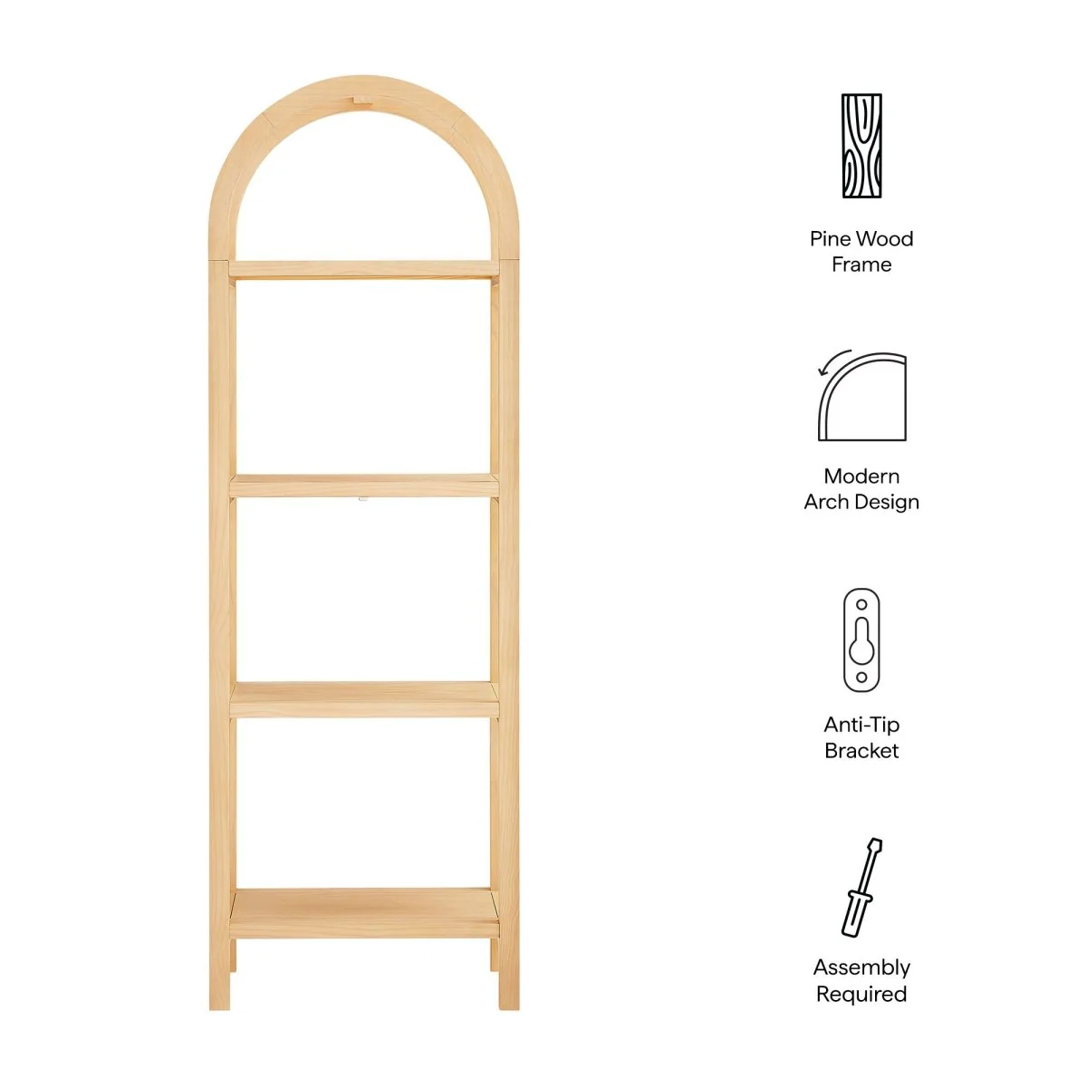 72" Tall Narrow Arched Sculptural Pine Wood Bookshelf - Image 2