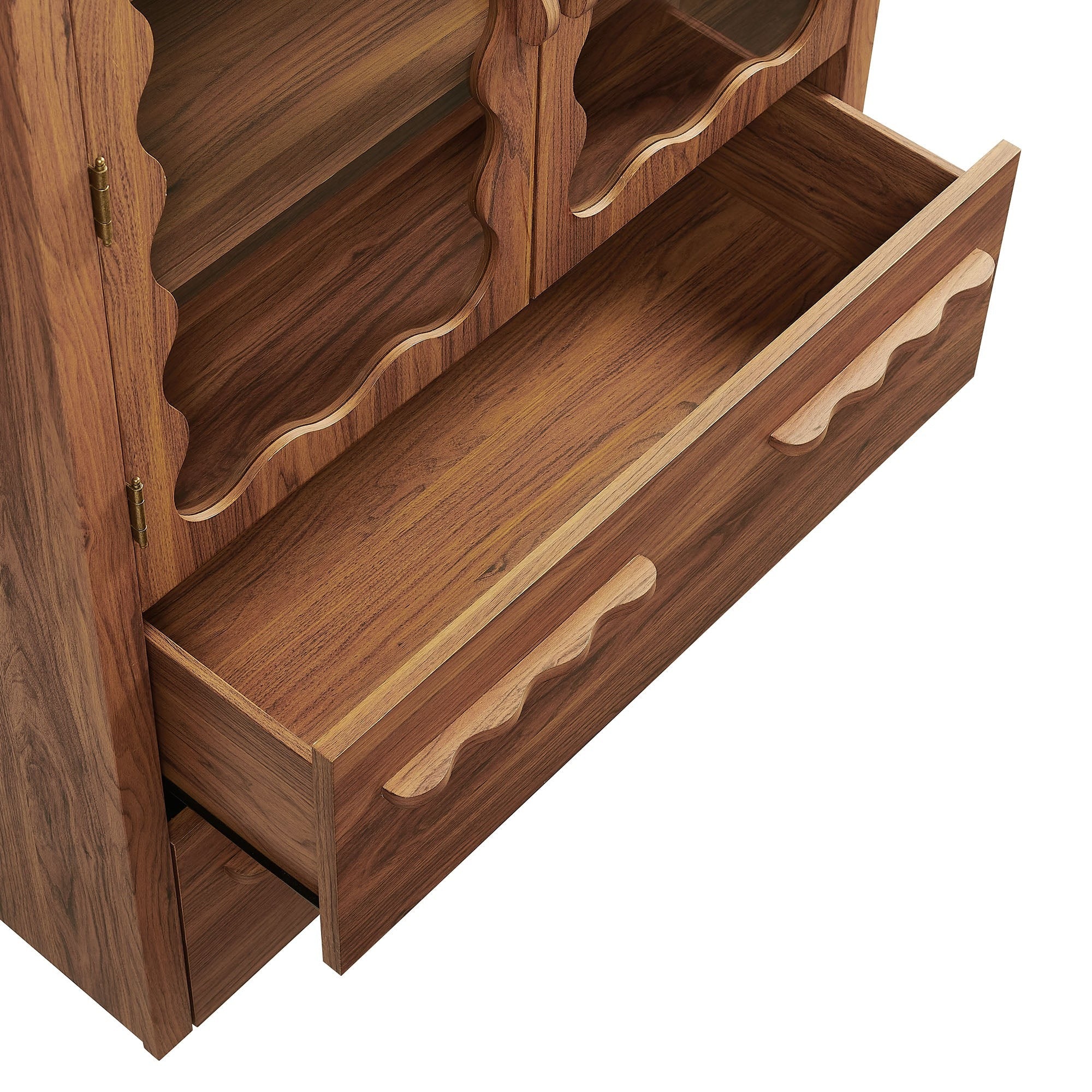 76 Inch Arched Scalloped Glass Door Kitchen Pantry Cabinet – Wood Grain - Image 16