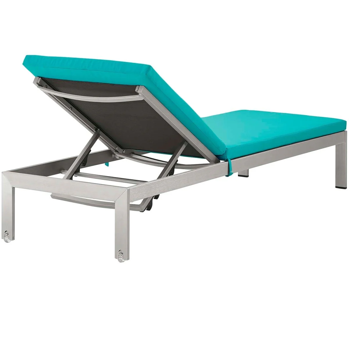 76" Silver Black Turquoise Aluminum Chaise Lounge Chair and Side Table - Image 4
