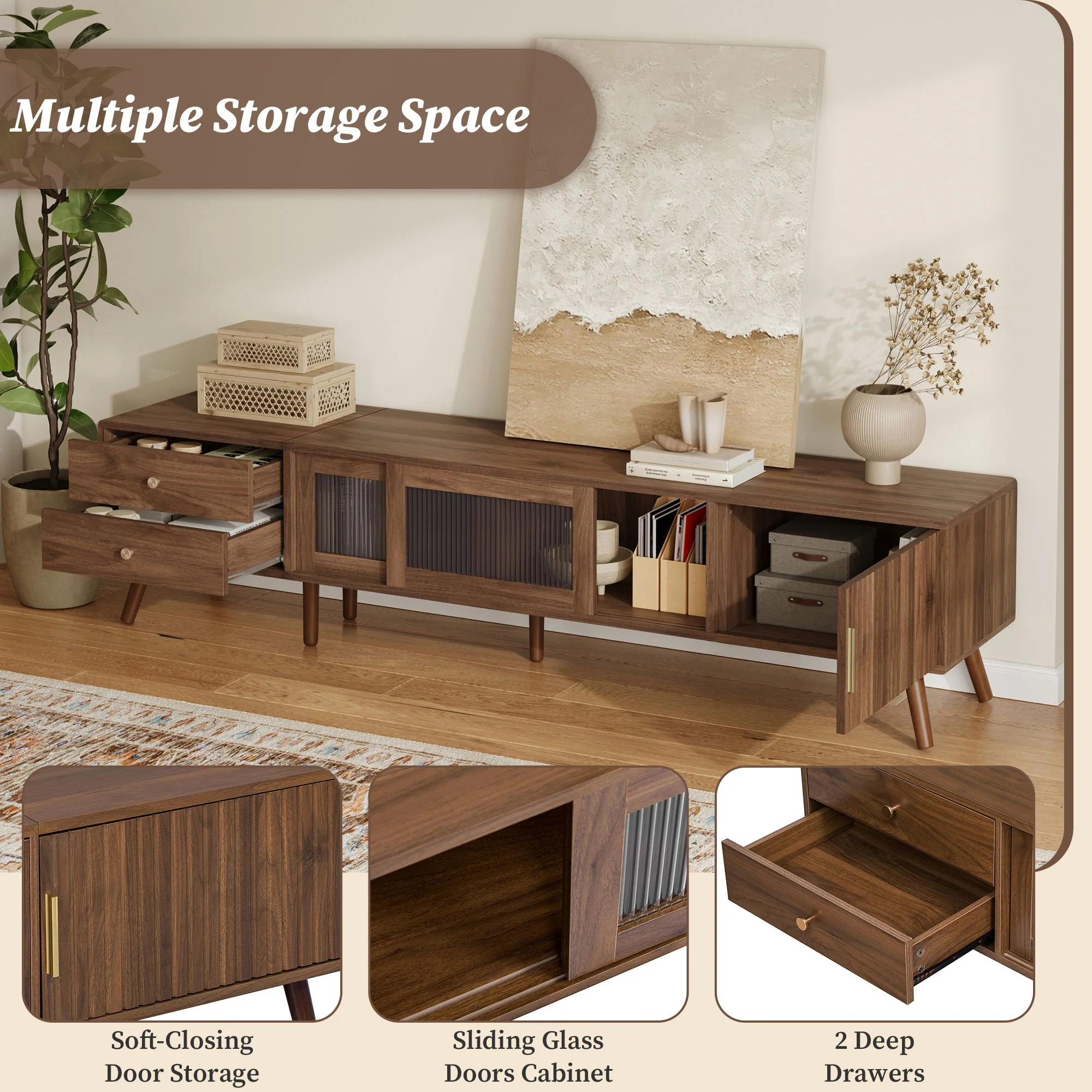 76" TV Stand, Entertainment Center With Storage Cabinets, TV Media Console Table For Living Room - Natural - Image 2
