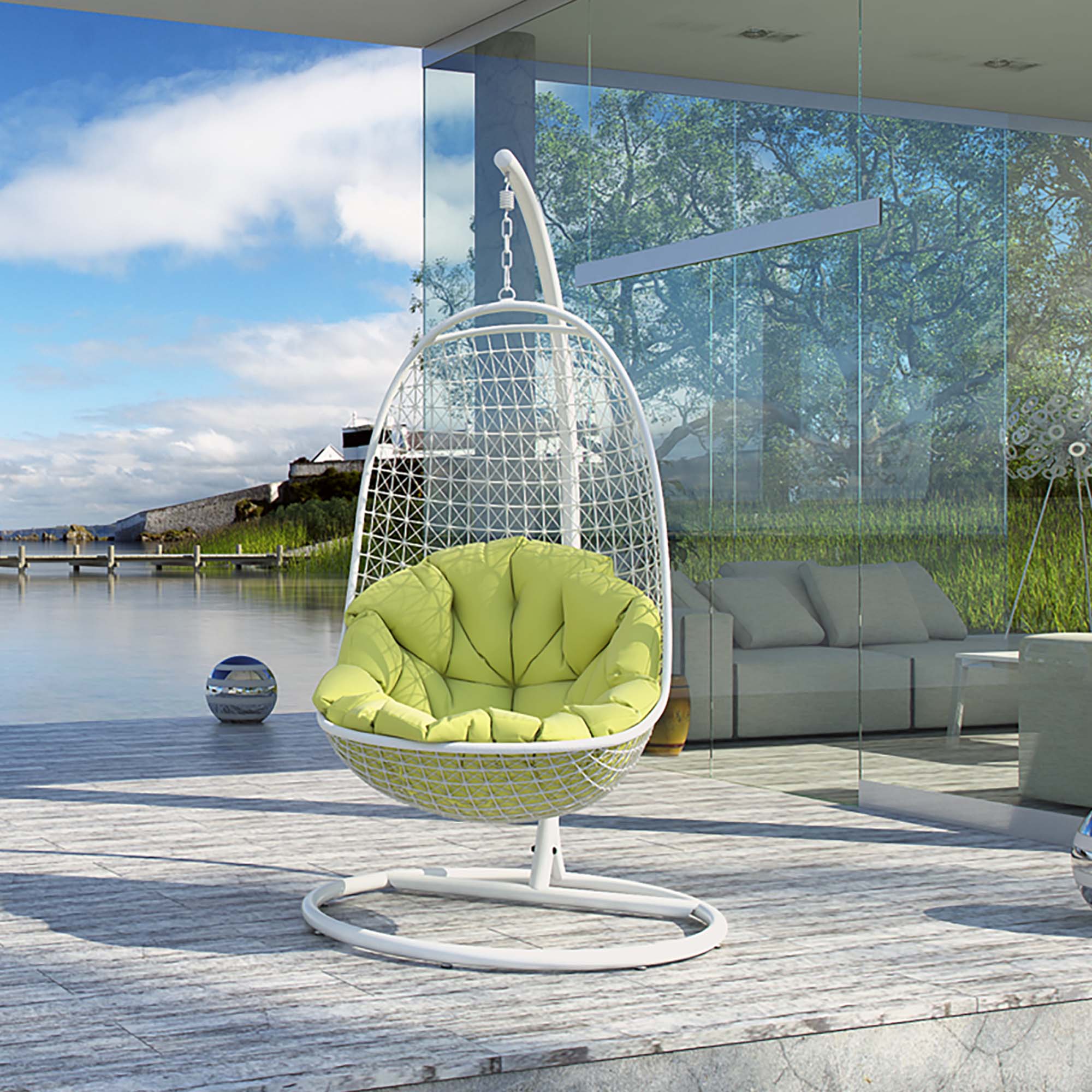 76" White Outdoor Hanging Lounge Chair with Stand - Image 5
