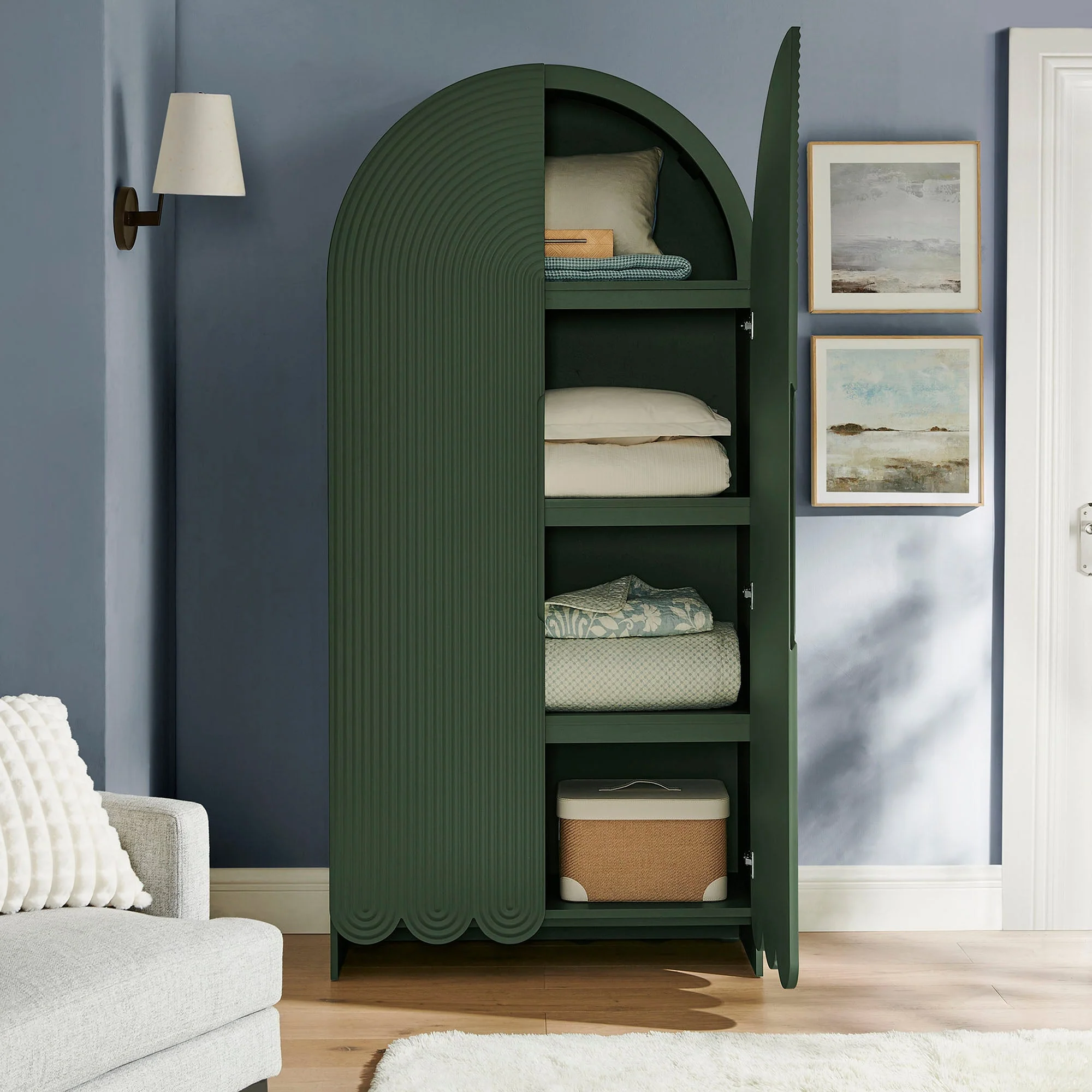 78 Inch Tall Arched Storage Cabinet with Fluted and Scalloped Doors - Image 11
