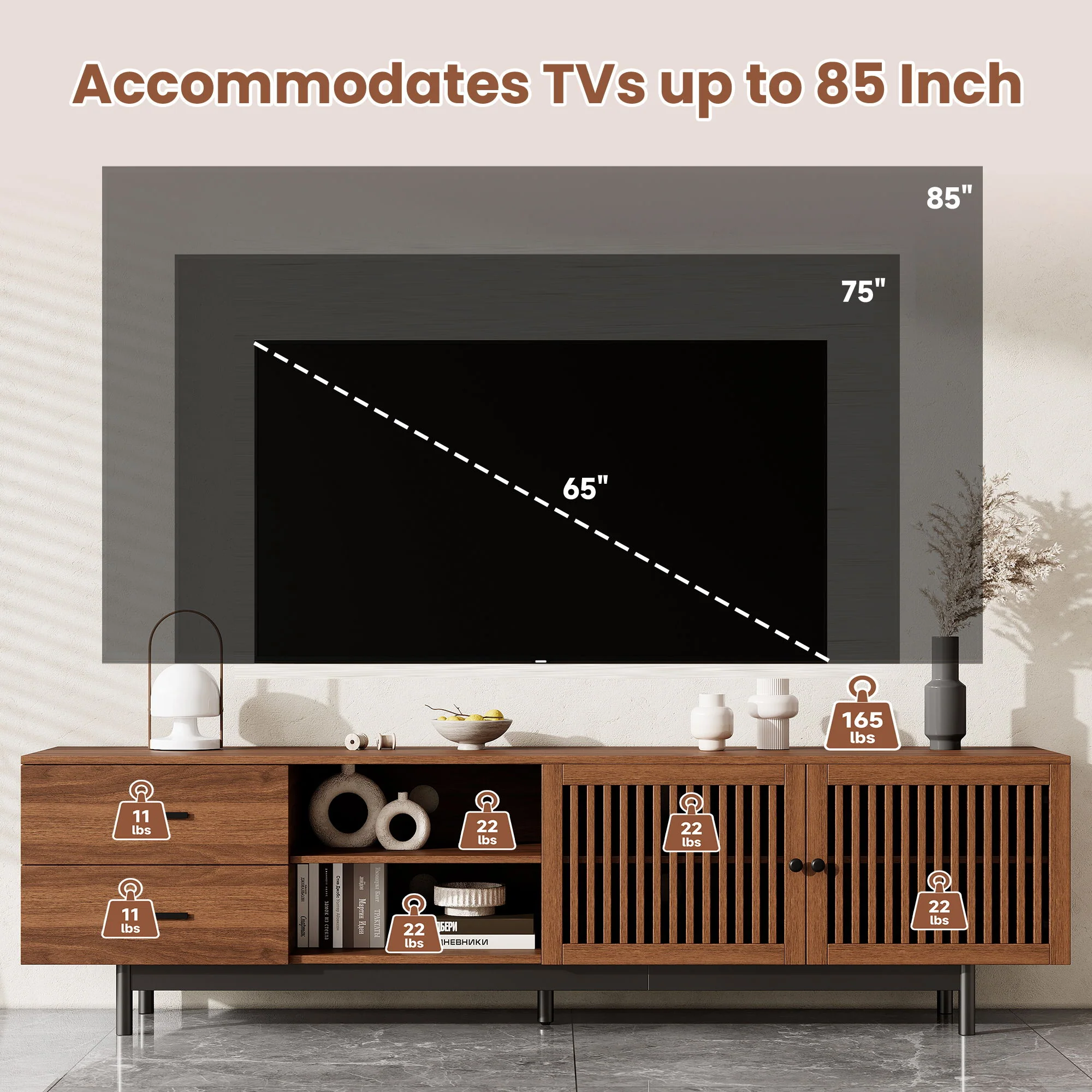 78" TV Stand For TVs Up To 85" Entertainment Center With Deep Drawers & Cable Management, Soft Closing Hinges - Walnut - Image 4