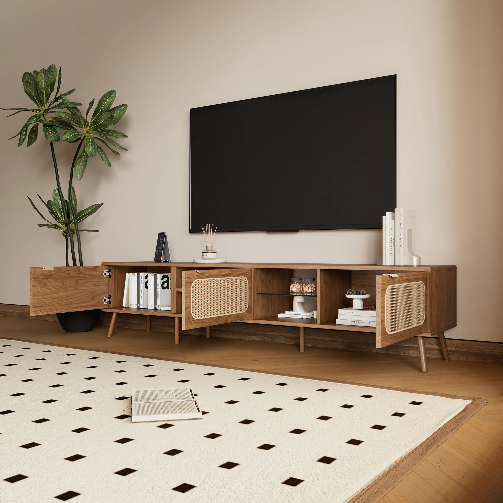 78" TV Stand With Ample Storage And Open Shelving - Walnut - Image 7