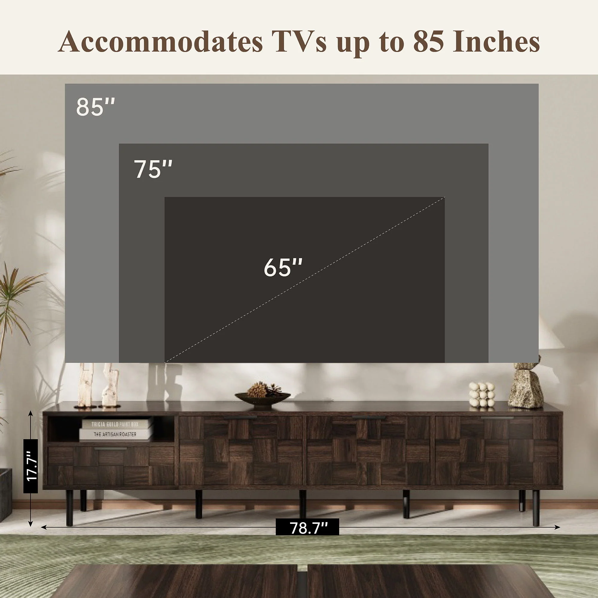 78" TV Stand With Storage Cabinets For Living Room - Walnut - Image 2
