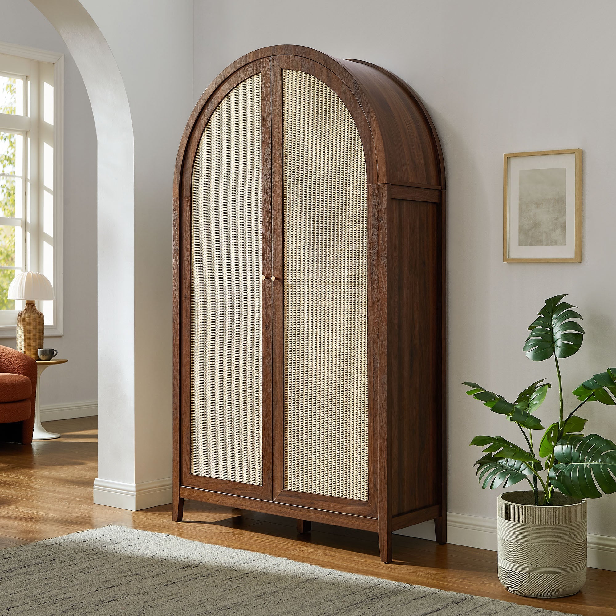 79 Inch Tall Arched Wide Storage Cabinet with Synthetic Rattan Doors - Image 16