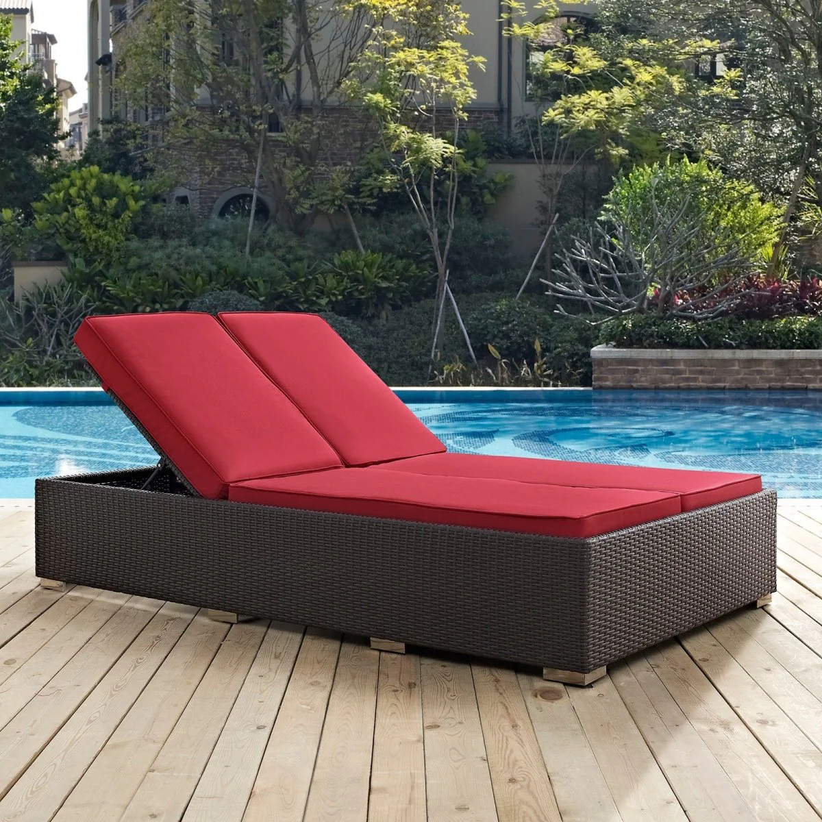 79" Outdoor Double Rattan Chaise Lounge with Adjustable Recline and Cushions - Image 3