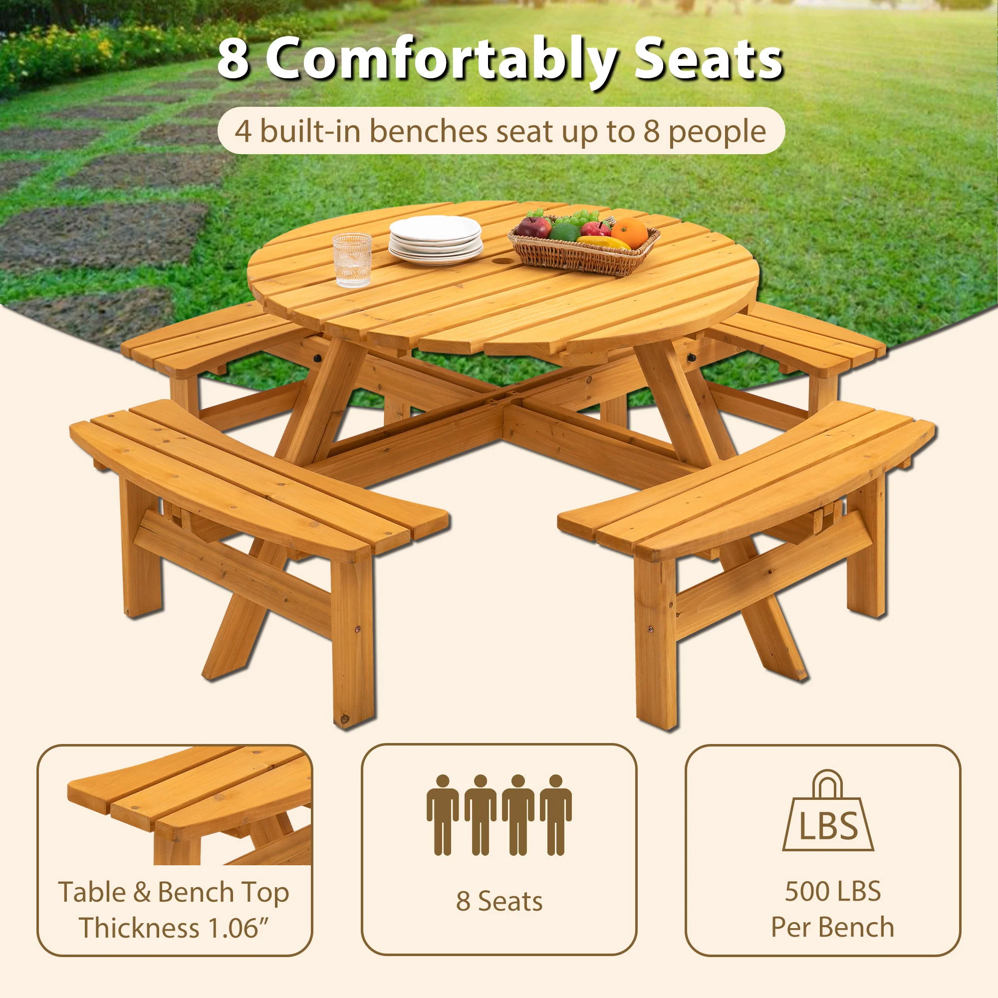 8 Person Wooden Picnic Table, Outdoor Camping Dining Table With Seat, Garden, Diy With 4 Built-In Benches, 2220Lb Capacity - Image 4