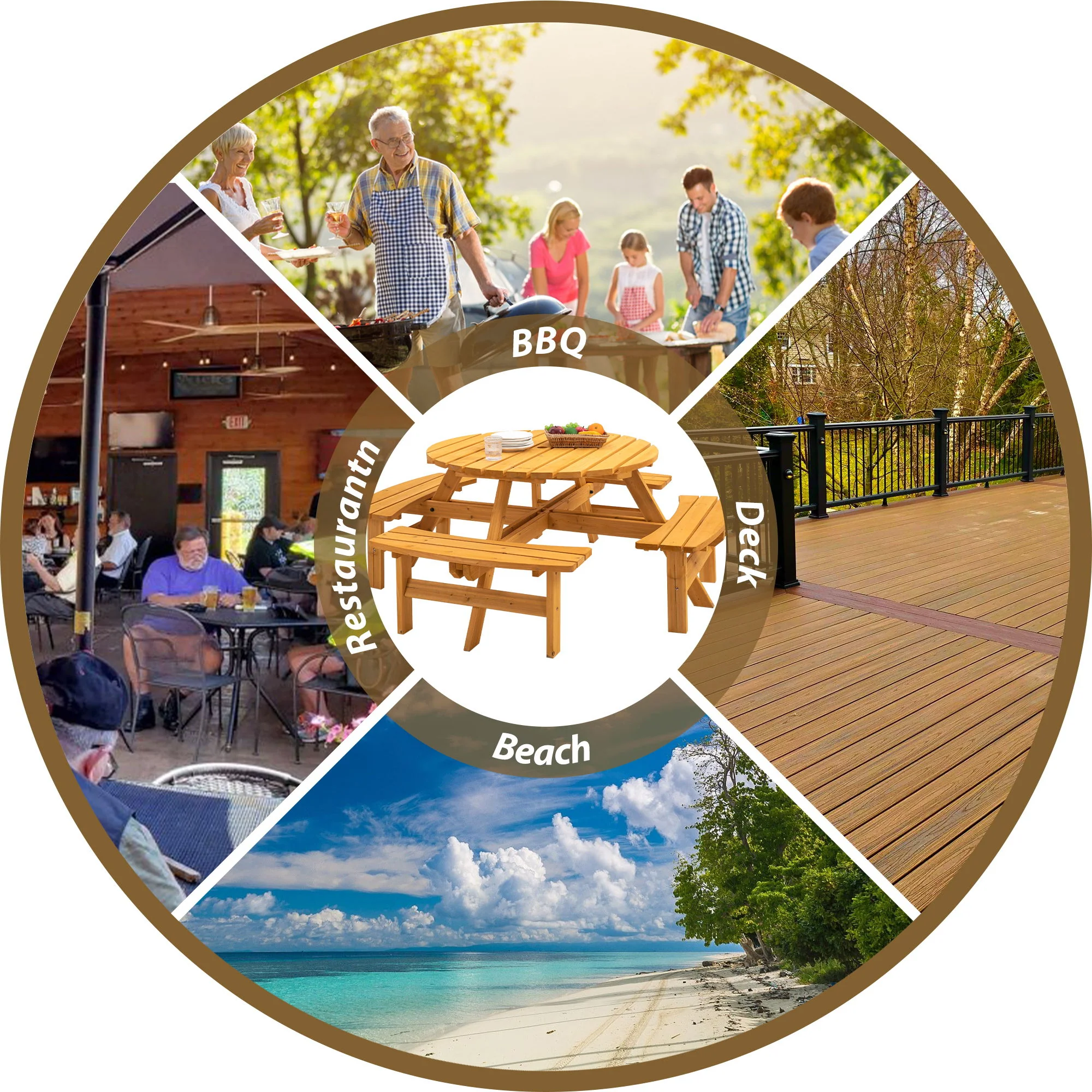 8 Person Wooden Picnic Table, Outdoor Camping Dining Table With Seat, Garden, Diy With 4 Built-In Benches, 2220Lb Capacity - Image 5