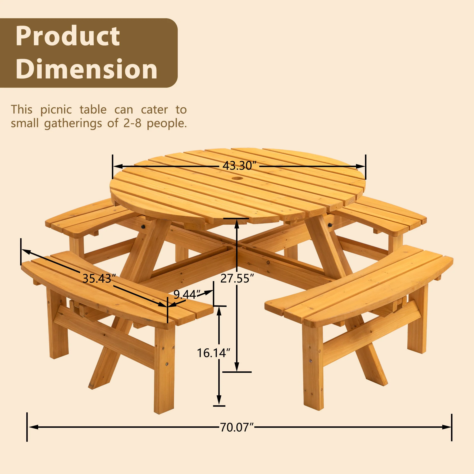 8 Person Wooden Picnic Table, Outdoor Camping Dining Table With Seat, Garden, Diy With 4 Built-In Benches, 2220Lb Capacity - Image 8