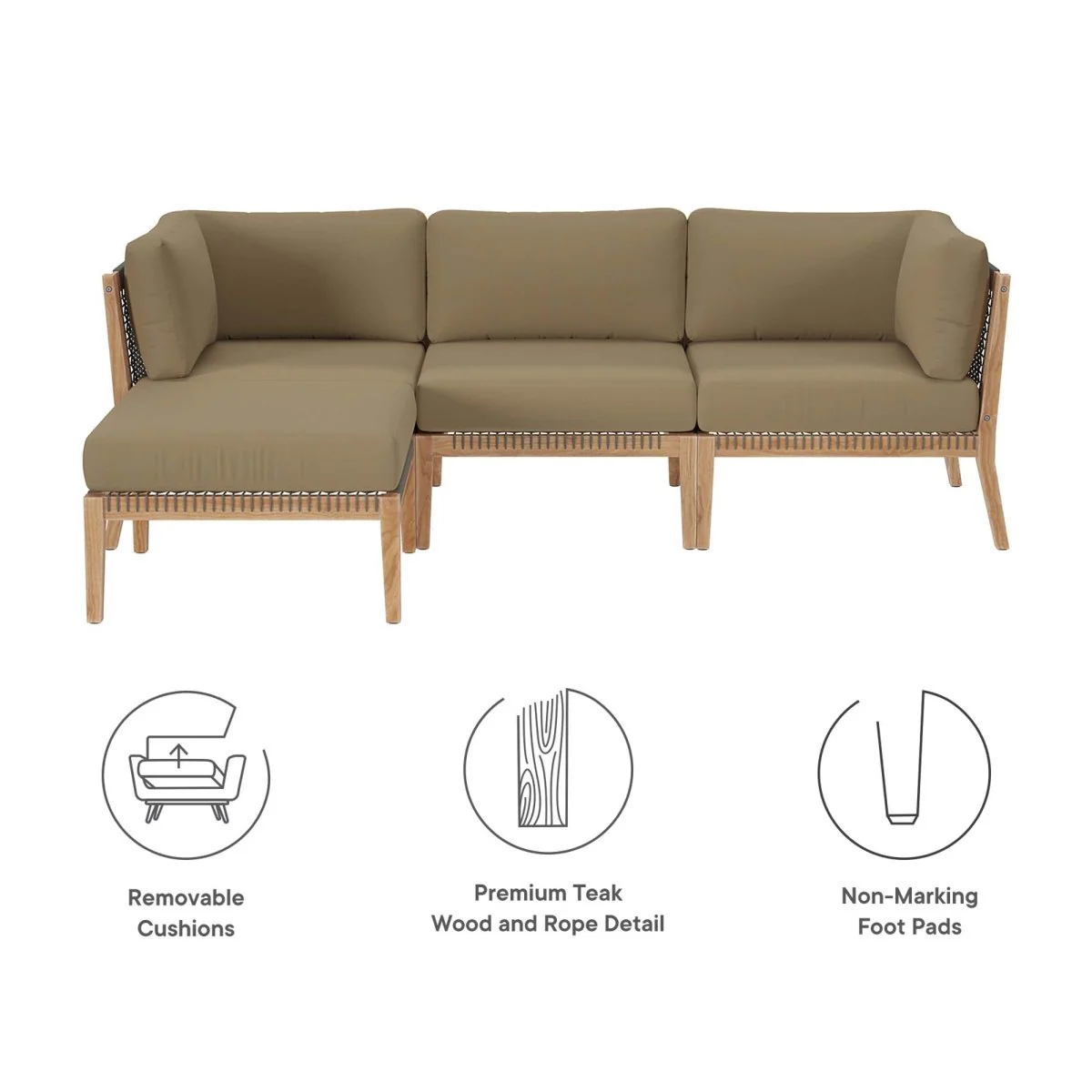 87" 4-Piece Teak Outdoor Sectional Sofa with Cushions and Weather-Resistant Frame - Image 44