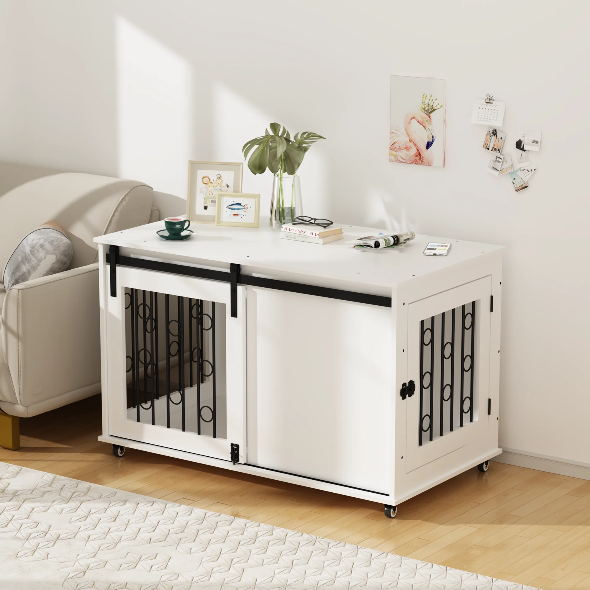 Aris 39-Inch Sliding Barn Door Dog Crate Furniture with Side Access - Image 14