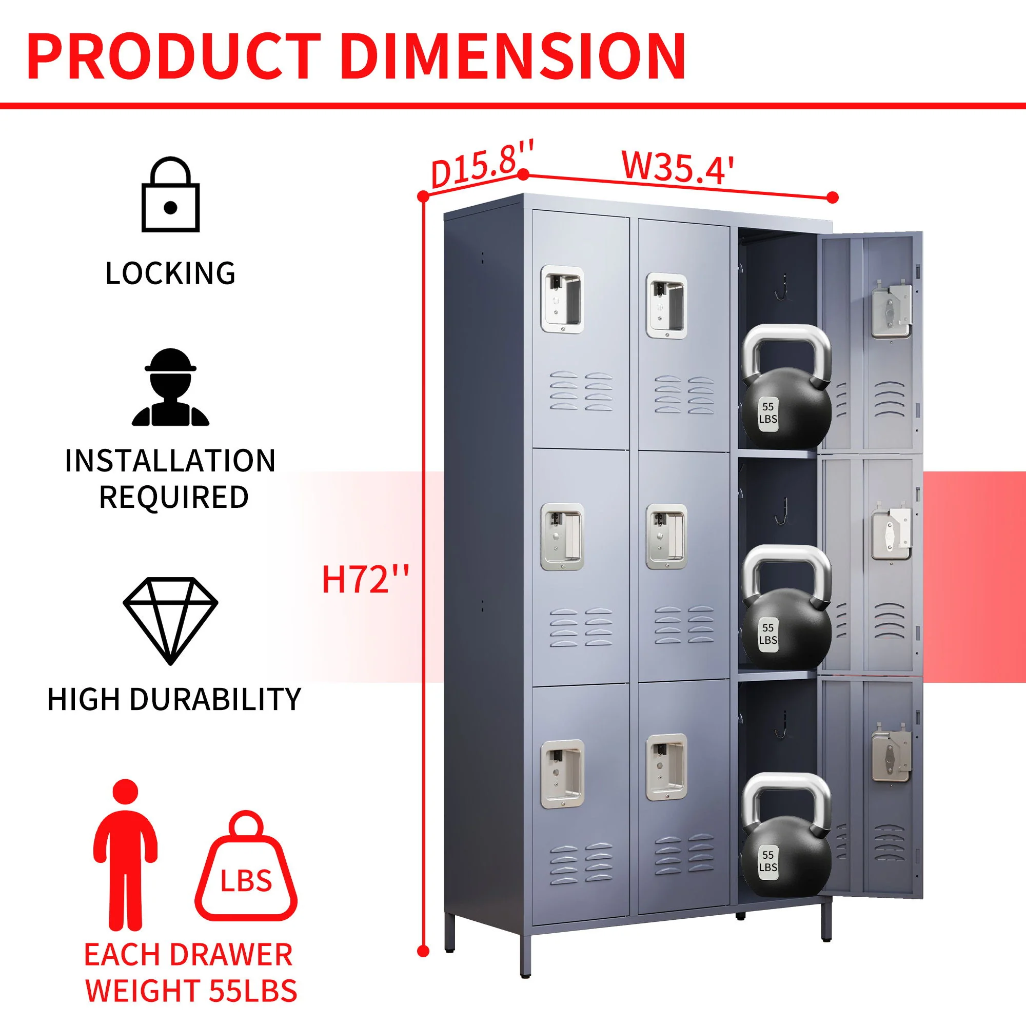 9 Door Lockers With Lock For Storage In Office, School, Gym, And Bedroom - Gray - Image 8