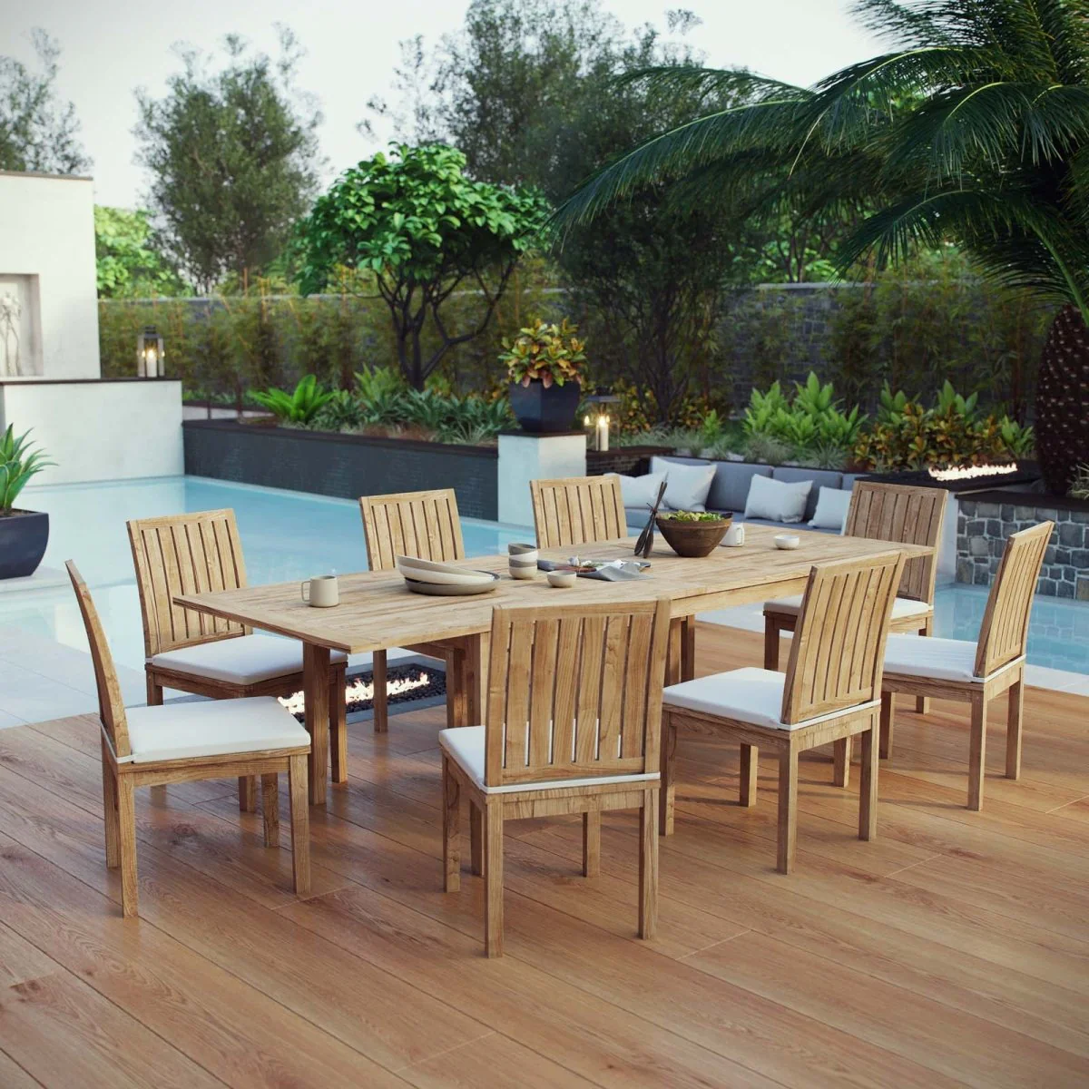 9-Piece Teak Wood Outdoor Dining Set with Extendable Table – Natural and White - Image 8