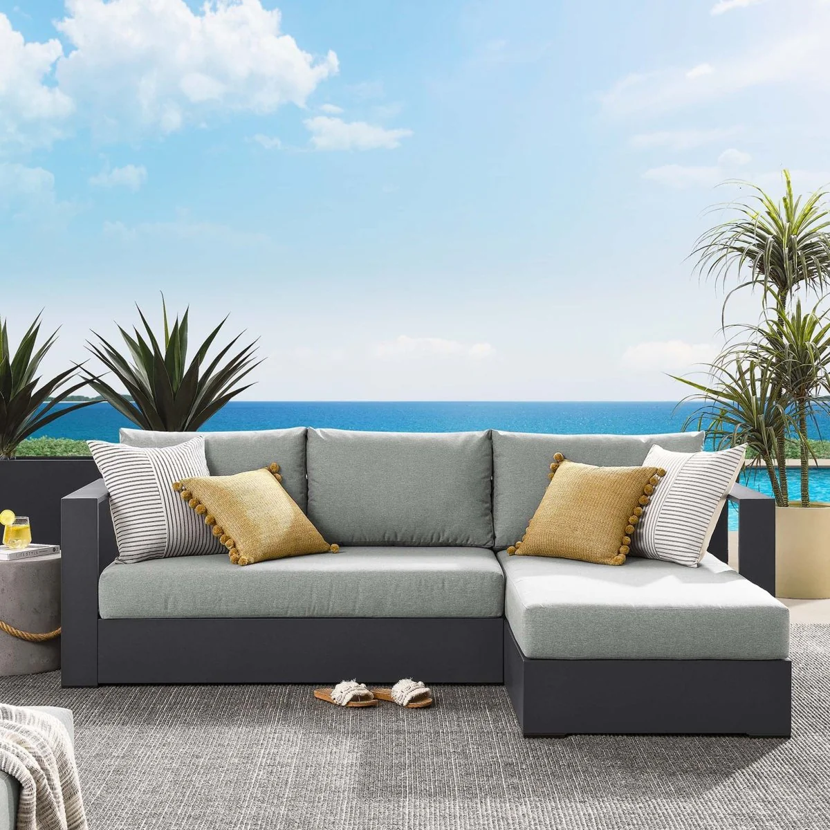 93" 2-Piece Gray Aluminum Outdoor Patio Right-Facing Chaise Sectional - Image 14