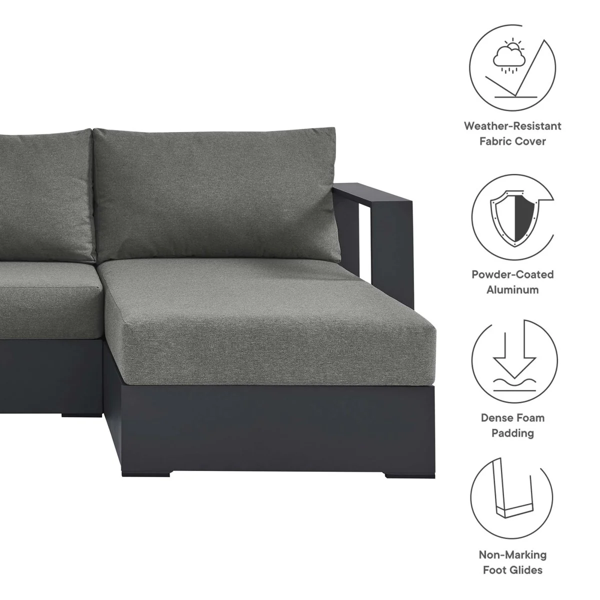 93" 2-Piece Gray Aluminum Outdoor Patio Right-Facing Chaise Sectional - Image 2