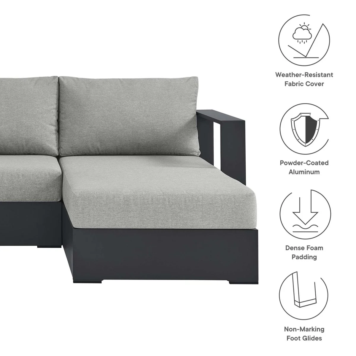 93" 2-Piece Gray Aluminum Outdoor Patio Right-Facing Chaise Sectional - Image 9
