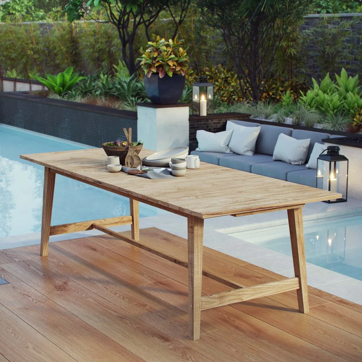 98.5" Natural Teak Outdoor Dining Table with Slatted Top - Image 4