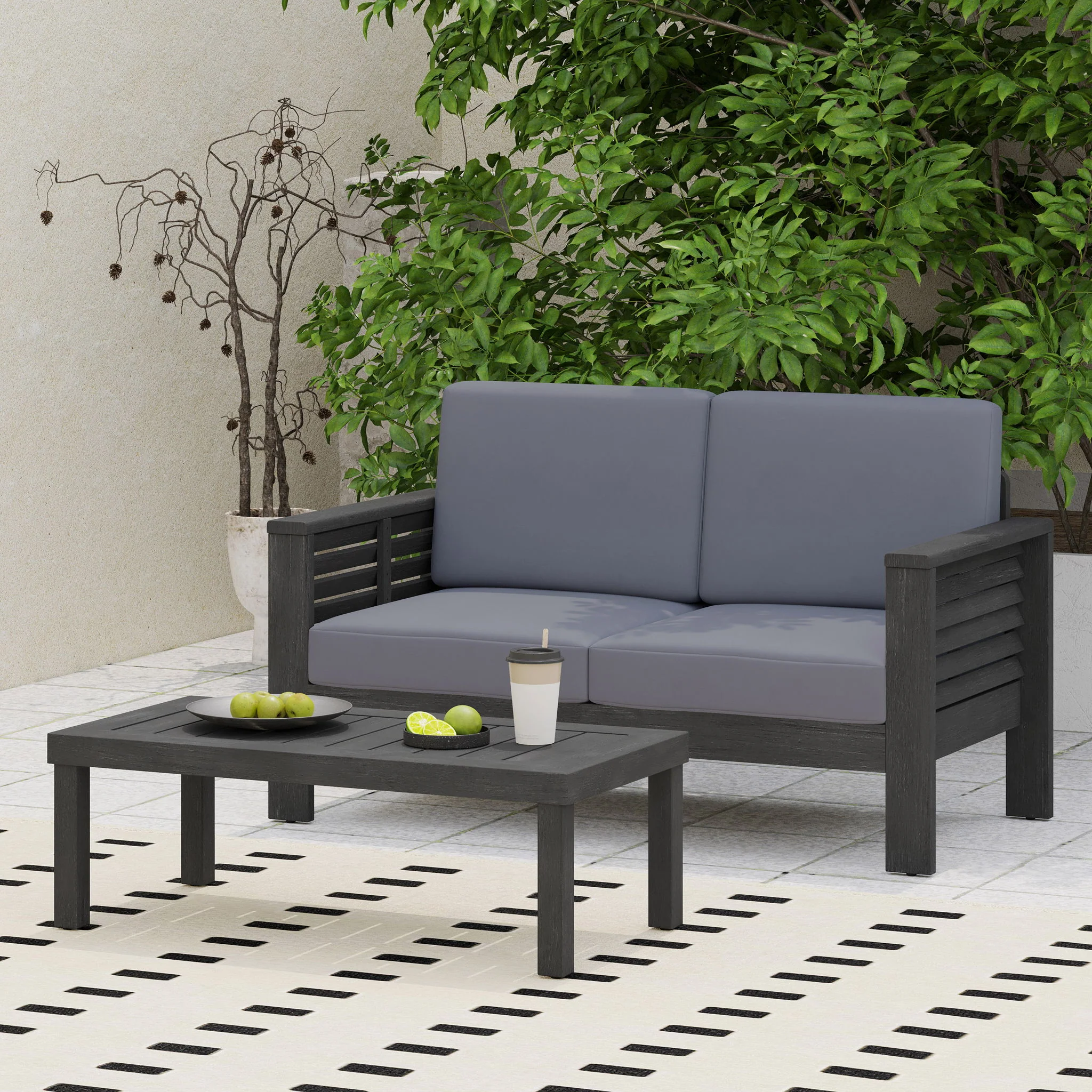 Acacia Wood Loveseat And Coffee Table Set With Cushions - Image 14