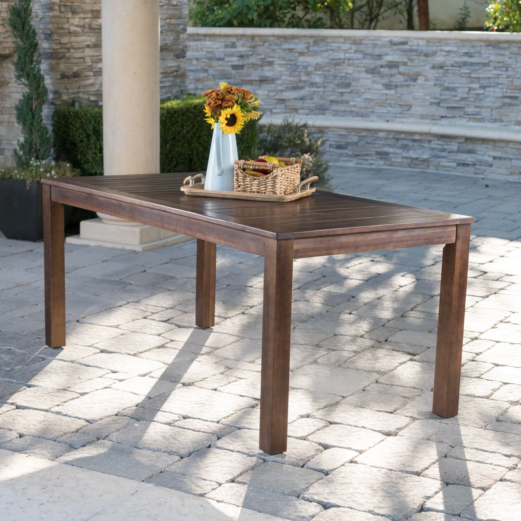 Acacia Wood Outdoor Dining Table With Slatted Top - Dark Brown - Image 2